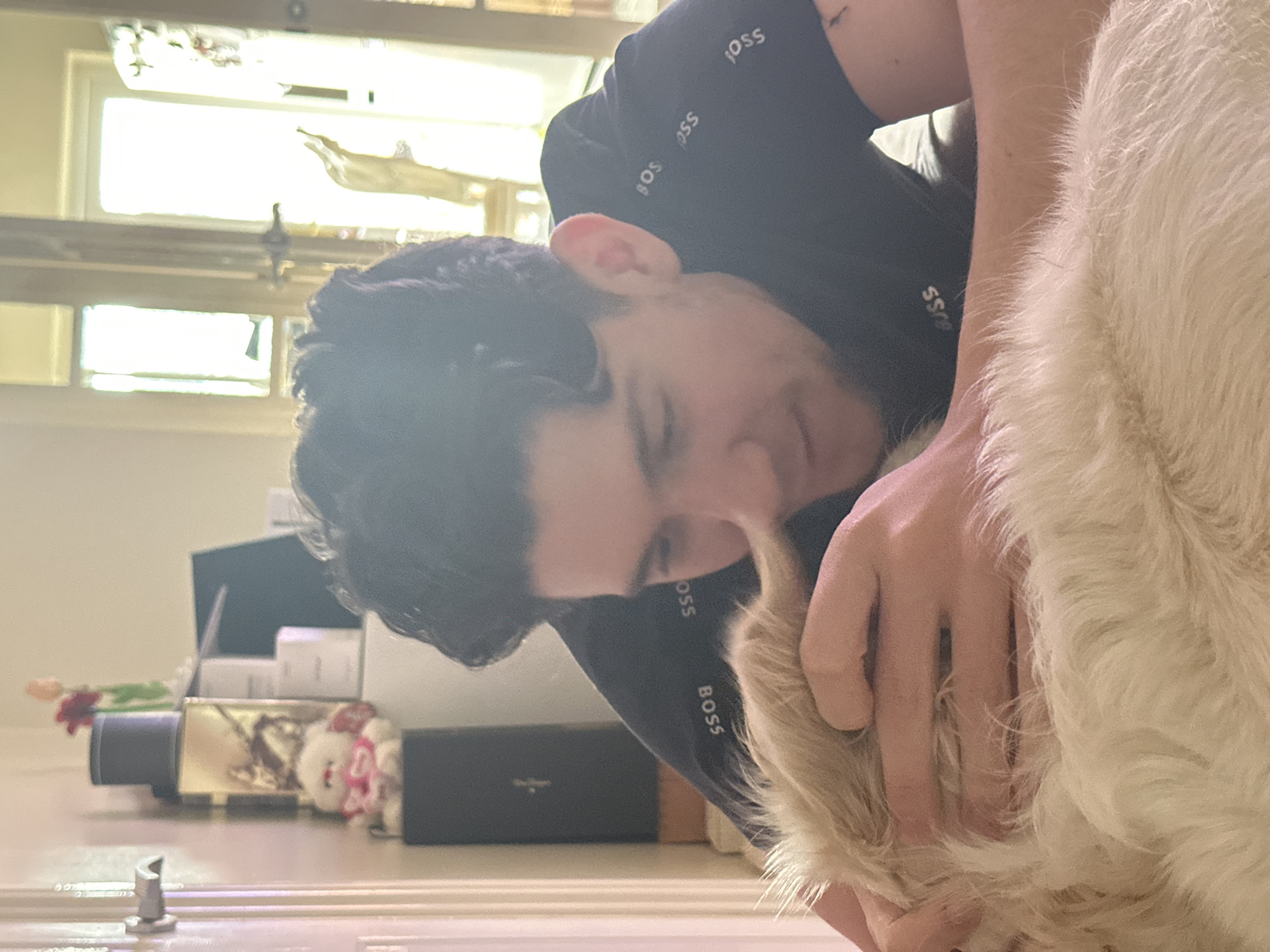A young male subject with dark, curly hair, wearing a dark short-sleeved t-shirt patterned with 'BOSS' lettering, is depicted in the foreground. He is leaning forward, interacting with a light-furred animal, likely a dog, whose fur occupies the lower portion of the frame. His hands are positioned within the animal's fur, and his head is tilted downwards, his gaze directed towards the animal with a slight smile.
The background indicates an indoor residential setting. To the left, a light-colored door with a silver handle is partially visible. Adjacent to this, a black rectangular object, a reflective gold bottle, a small white stuffed animal holding a red heart, and a vase containing red and orange flowers are arranged on a surface. To the right, a strong natural light source emanates from a large window or glass double door, obscuring external details due to overexposure. A golden, abstract-shaped decorative item is partially visible in this brightly lit area.
No specific visual cues are present to determine the precise location within the city of London, United Kingdom.