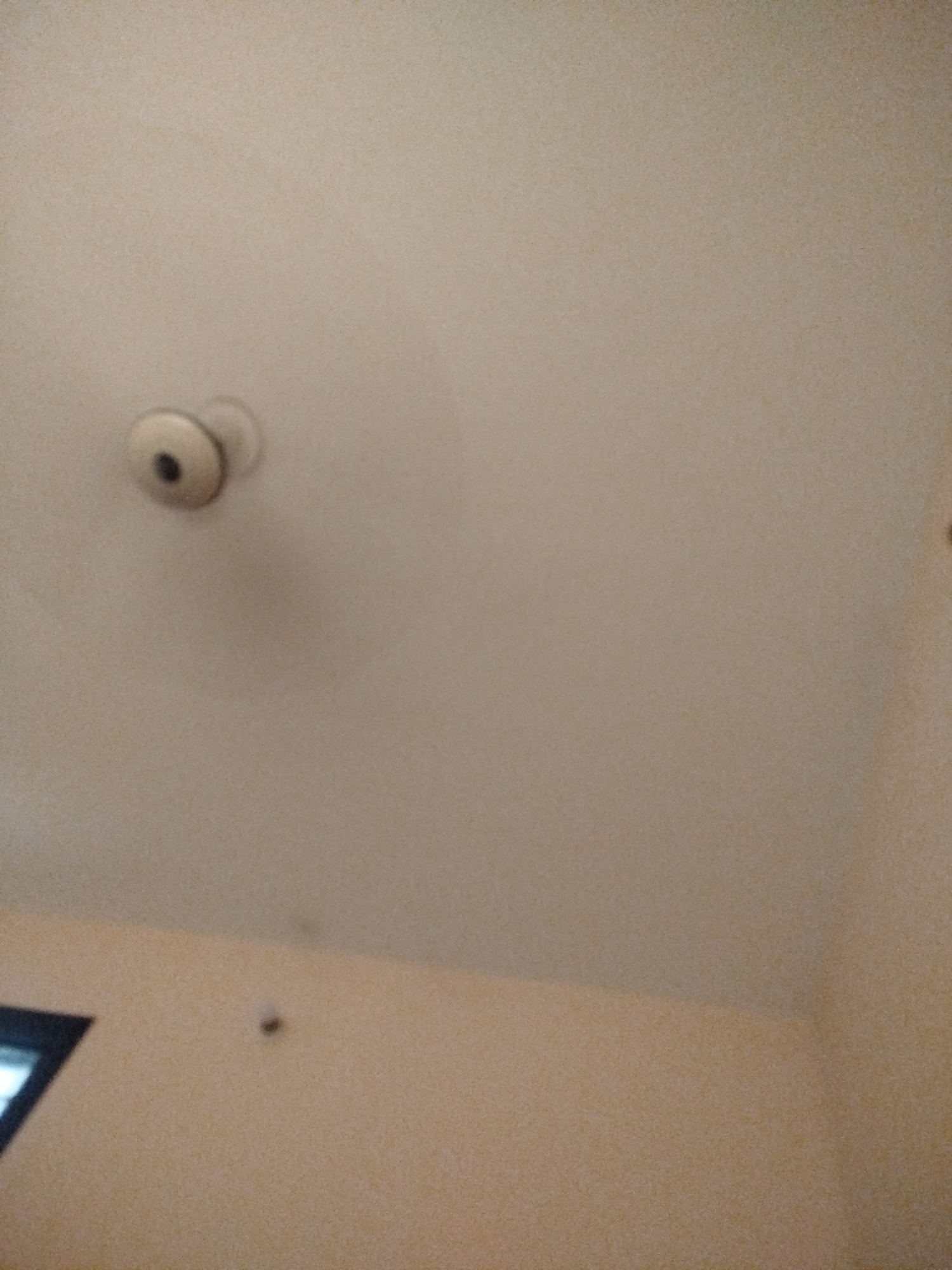 The image shows a close-up, low-angle view of a textured ceiling. In the upper left quadrant, a white ceiling fixture with a dark center is visible, appearing to be a smoke detector or a small light. The ceiling itself is a neutral, beige color with slight discoloration or shadows. Towards the bottom of the frame, a portion of a wall or lower structure is visible, also in a beige tone. A dark, rectangular object, possibly a window frame, is partially visible in the lower left corner, extending into the wall area. There are no people or active interactions depicted. The scene appears to be indoors.