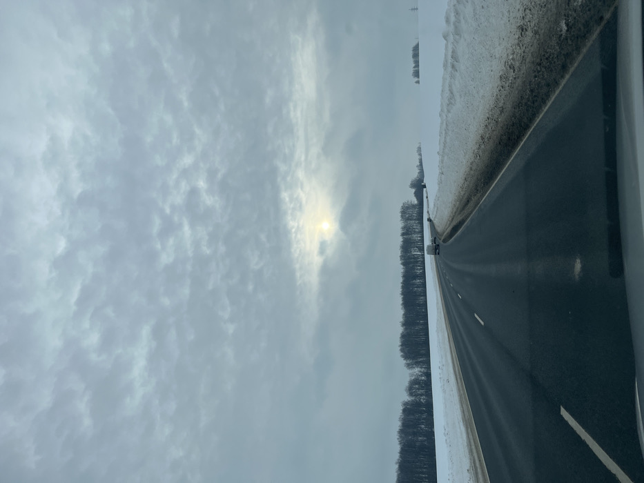 The image depicts a winter road scene, likely on a highway or major thoroughfare in or near Shelepino, Russia. The sky is largely overcast with light grey stratocumulus clouds, through which a diffused, yellow sun is visible in the upper-middle right quadrant. The road, observed from a low-angle perspective suggesting an interior vehicle viewpoint, is a two-lane asphalt surface, appearing clear of snow but potentially wet. White lane markings are visible. Snow banks, discolored with brown and black road grime, line both shoulders of the road. Beyond these banks, the surrounding landscape is uniformly covered in pristine white snow. A dense line of leafless deciduous trees forms a dark treeline along the left side of the road, extending into the distance. On the right, snow-covered fields recede, with sparse clusters of bare trees visible. Several vehicles are observed traveling in the same direction as the vantage point, including a white van in the mid-distance and at least one other passenger vehicle further ahead. No individuals are explicitly discernible outside of vehicles. The overall environment suggests a cold, winter day in a rural or exurban setting.