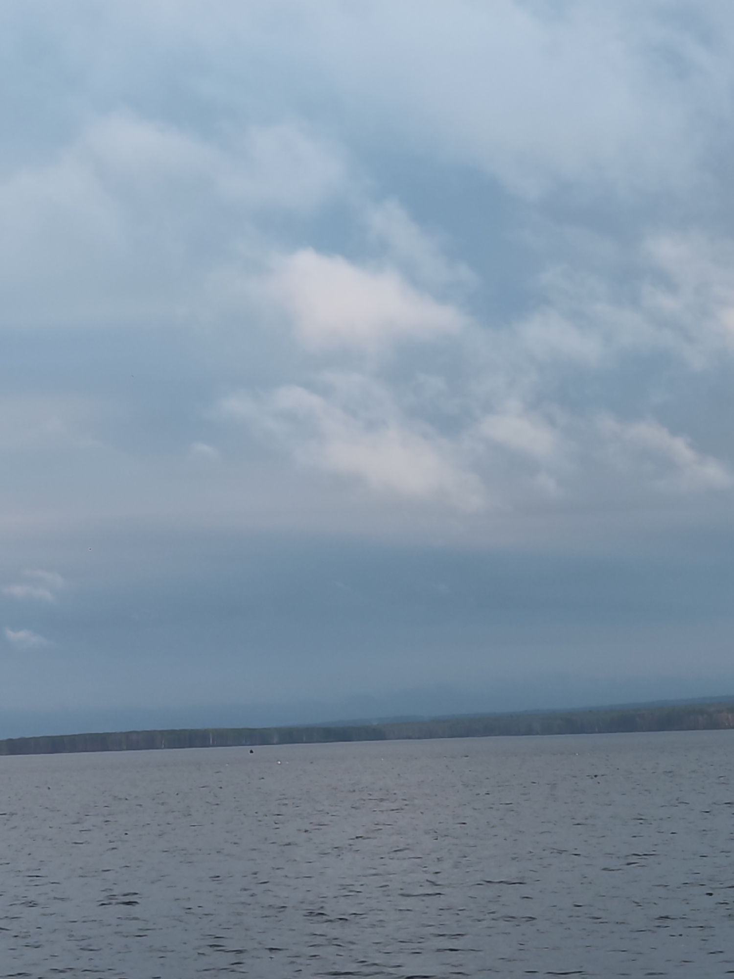 The image depicts a body of water, presumably a lake or river, under an overcast sky with scattered clouds. A strip of land with trees is visible in the distance. The scene may be located in Chaikovsky, Russia, given the prompt.