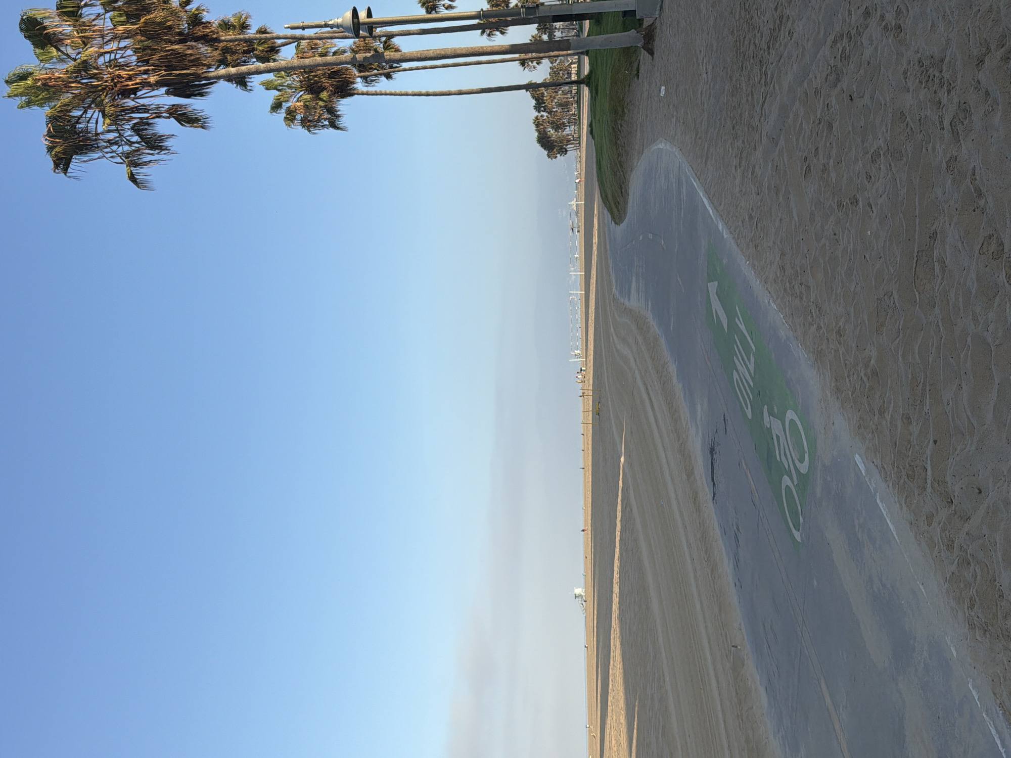 This image captures a serene scene of a beach path in Los Angeles, likely Venice Beach, given the iconic palm trees and the presence of a lifeguard tower in the distance. The path, paved and marked for bicycles, curves through the sandy expanse of the beach. The sky is a clear, pale blue, with a hint of haze on the horizon.
In the foreground, the paved path is clearly visible, with a green painted lane designated for bicycles, including a directional arrow and the word "ONLY" in white lettering. The path is bordered by soft, light-brown sand, with subtle tire tracks and footprints suggesting recent activity.
To the right, a line of tall palm trees stands against the sky, their fronds rustling gently. A streetlamp is visible amongst the trees. Beyond the trees, a cluster of smaller palm trees forms a line along the edge of the beach.
The beach itself is wide and mostly empty, with the sand appearing smooth and undisturbed in many areas, broken by the occasional ripple from the wind. In the far distance, a white lifeguard tower stands prominently on the shoreline, a sentinel overlooking the beach. Several scattered figures can be seen on the beach, appearing as small dots in the vastness, engaged in various beach activities like walking or standing. The ocean is a muted blue, meeting the hazy horizon. The overall atmosphere is peaceful and quiet, indicative of an early morning or a less crowded time.
