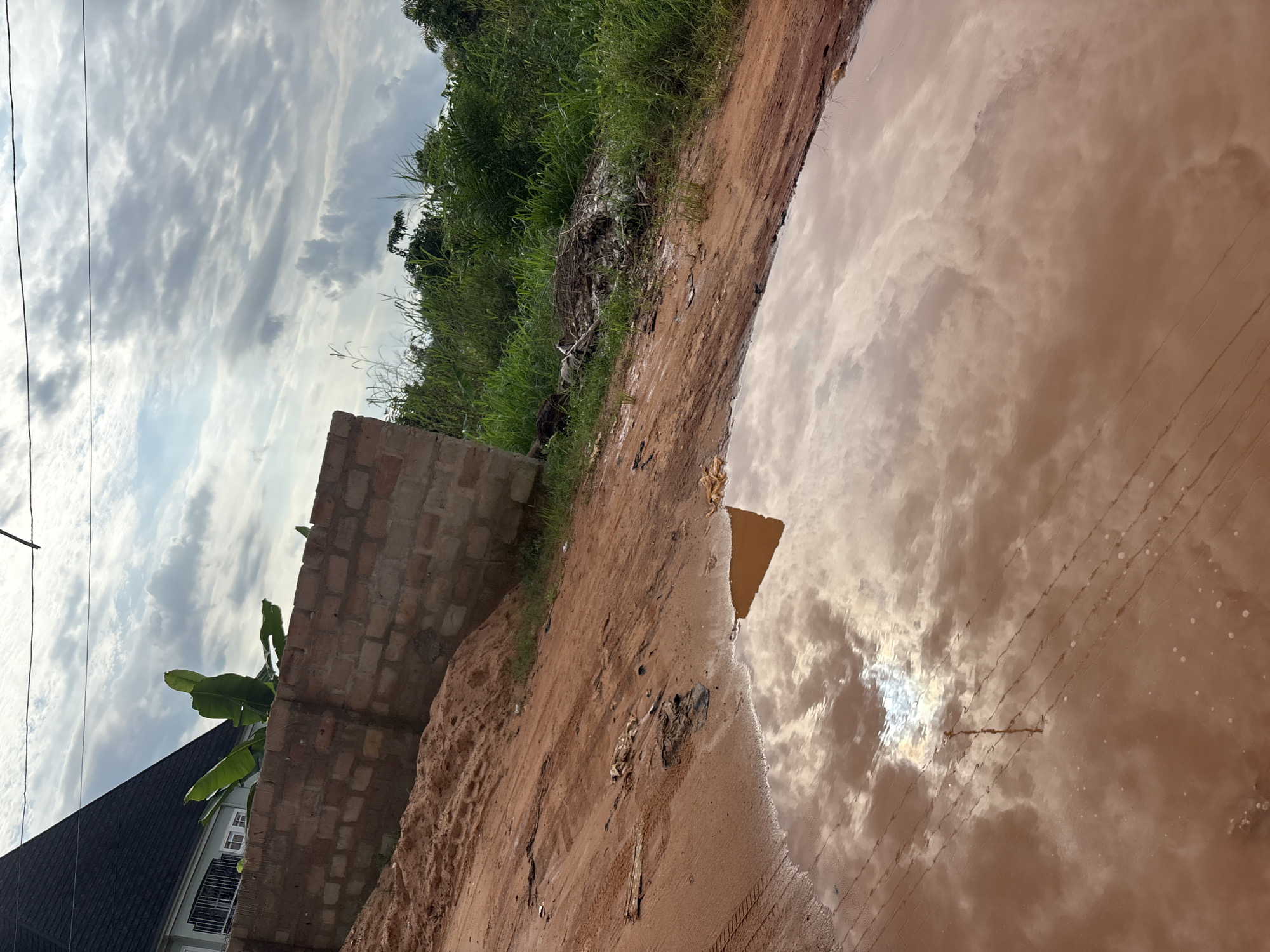 This is a ground-level, outdoor photograph taken in Obosi, Nigeria, depicting a muddy, unpaved road with a large puddle in the foreground reflecting the cloudy sky. To the left, a section of a building with a dark, sloped roof and white walls is visible, partially obscured by a low brick wall. Banana trees with large green leaves grow behind the brick wall. The road surface is a reddish-brown clay, showing tire tracks in the mud. Beyond the road and puddle, there is dense green vegetation, including tall grasses and trees. Several dark wires are strung across the sky, running horizontally through the frame. The overall scene suggests a rural or developing area, possibly after rainfall, given the presence of the puddle and damp ground.