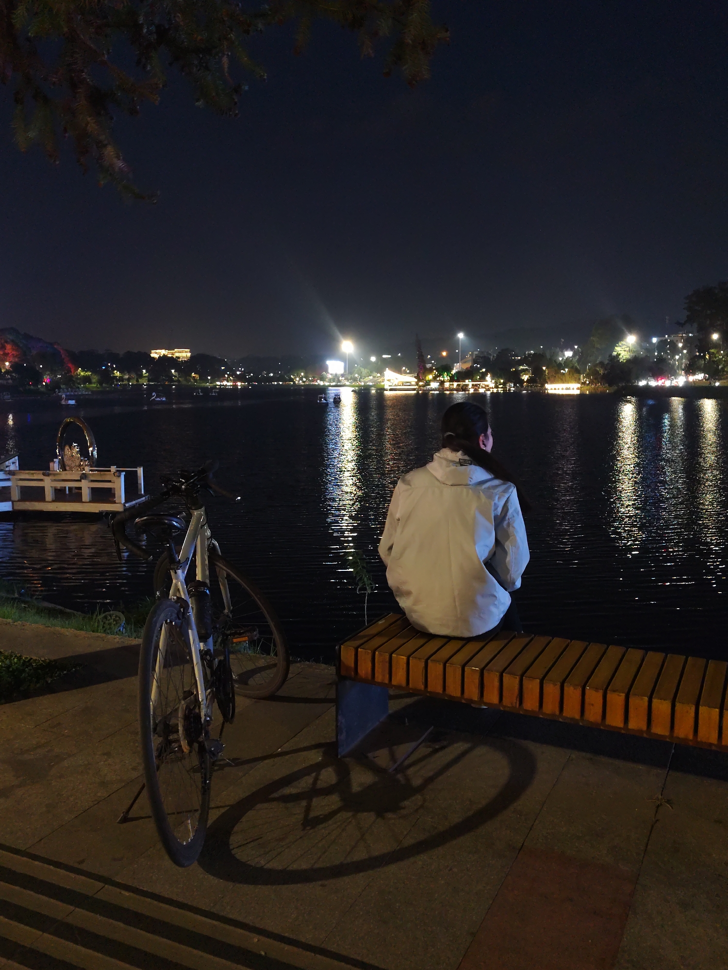 At night in Da Lat, Vietnam, a person sits on a bench beside a lake. The person wears a light-colored jacket and faces away from the viewer, towards the water. A bicycle rests on the walkway nearby. Across the lake, city lights illuminate buildings and reflect on the water's surface. The scene is dark, with the primary light sources coming from the city and streetlights. A tree branch is visible in the upper left corner of the frame. A wooden pier-like structure extends into the lake to the left.