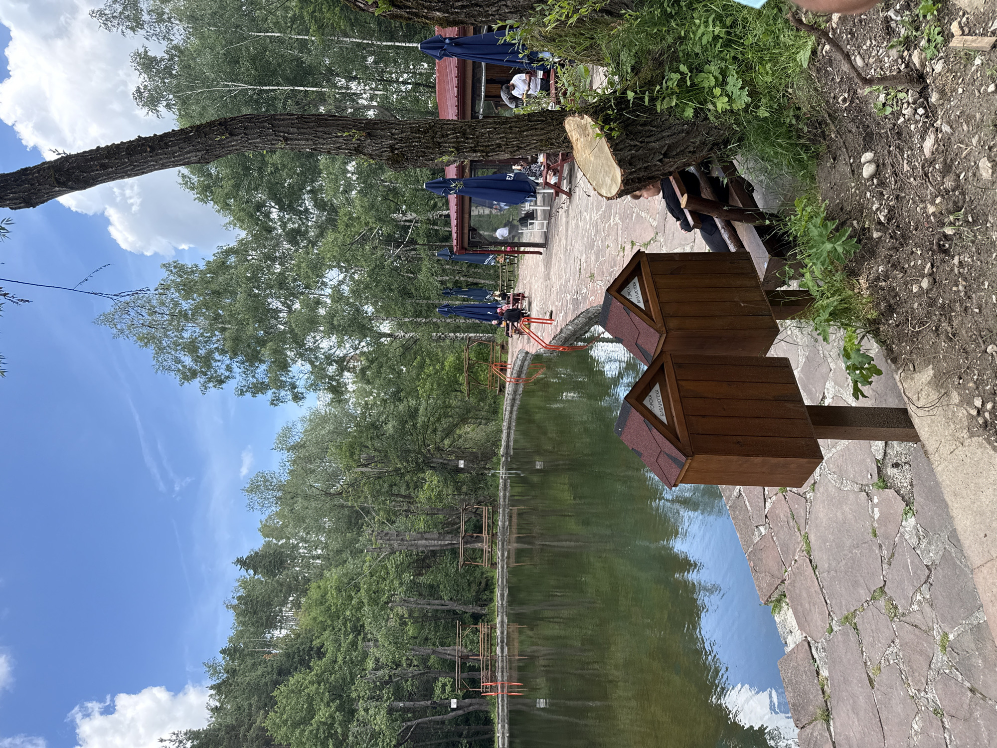 The image depicts an outdoor seating area next to a calm body of water, likely a pond or small lake, surrounded by lush green trees. The water's surface reflects the sky and the surrounding foliage. The shoreline is bordered by a paved area made of irregular flagstones, with some grass growing between the stones.
In the foreground, two wooden structures resembling small houses on posts are visible, each with a dark red, pitched roof. One of these structures has a sign with Cyrillic lettering that reads "ГОРСКА БИБЛИОТЕКА" (Gorska Biblioteka), meaning "Forest Library". To the right of these structures, a person is seated on a wooden bench facing away from the camera, their arms resting on their lap. Behind the bench, a large tree stump is prominent, indicating recent tree felling.
Further back, several wooden picnic tables with benches are set up under blue umbrellas, providing shade. Some people are seated at these tables, suggesting a dining or recreational area. Adjacent to the seating area, a red-railed structure, possibly a staircase or a railing for access to the water, is visible. In the background, more trees and a building with a red roof and open-air seating can be seen. The sky is blue with scattered white clouds.
The scene is situated in a natural, wooded environment, likely a park or a recreational facility. The presence of the "Forest Library" sign suggests a community or public space. Without additional context, pinpointing the exact location in Bistritsa, Bulgaria, is not possible based solely on the visual information. However, the setting implies a tranquil, outdoor setting designed for relaxation and leisure.