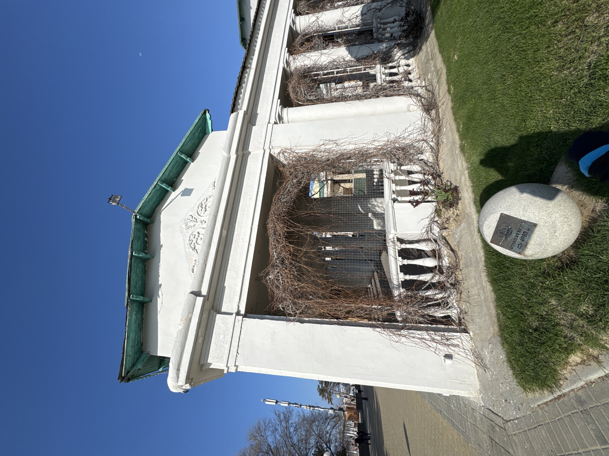 The image displays an exterior view of a white, neo-classical style building situated along a paved promenade in Anapa, Russia, near the "Bolshaya Bukhta" (Big Bay). The building features a prominent pediment or frieze adorned with decorative relief carvings, multiple columns, and white balustrades. The eaves of the roof are painted a weathered green/teal, and a small antenna-like structure is visible on the rooftop. Bare, brown, intertwining vines extensively cover the balustrades and the openings between the columns.
In the immediate foreground, a well-maintained green lawn is present, bordered by a light grey paved walkway constructed from rectangular pavers. A light grey spherical stone monument, approximately knee-high, rests on the grass. Embedded into the sphere is a square metal plaque with Cyrillic text, reading "БОЛЬШАЯ БУХТА" (Bolshaya Bukhta) and "4980 M," alongside an etched image of a sailboat. A distinct human shadow is cast across the grass and the monument, and the front of a blue and black shoe or sandal is visible at the bottom right.
The background reveals a clear, bright blue sky with a faint crescent moon visible in the upper right. To the left of the building, bare deciduous trees line the promenade, where several indistinct human figures are observed walking in the distance. A tall, multi-sectioned cellular communication tower is prominently visible behind the trees on the left. The scene is illuminated by strong sunlight, indicating daytime.