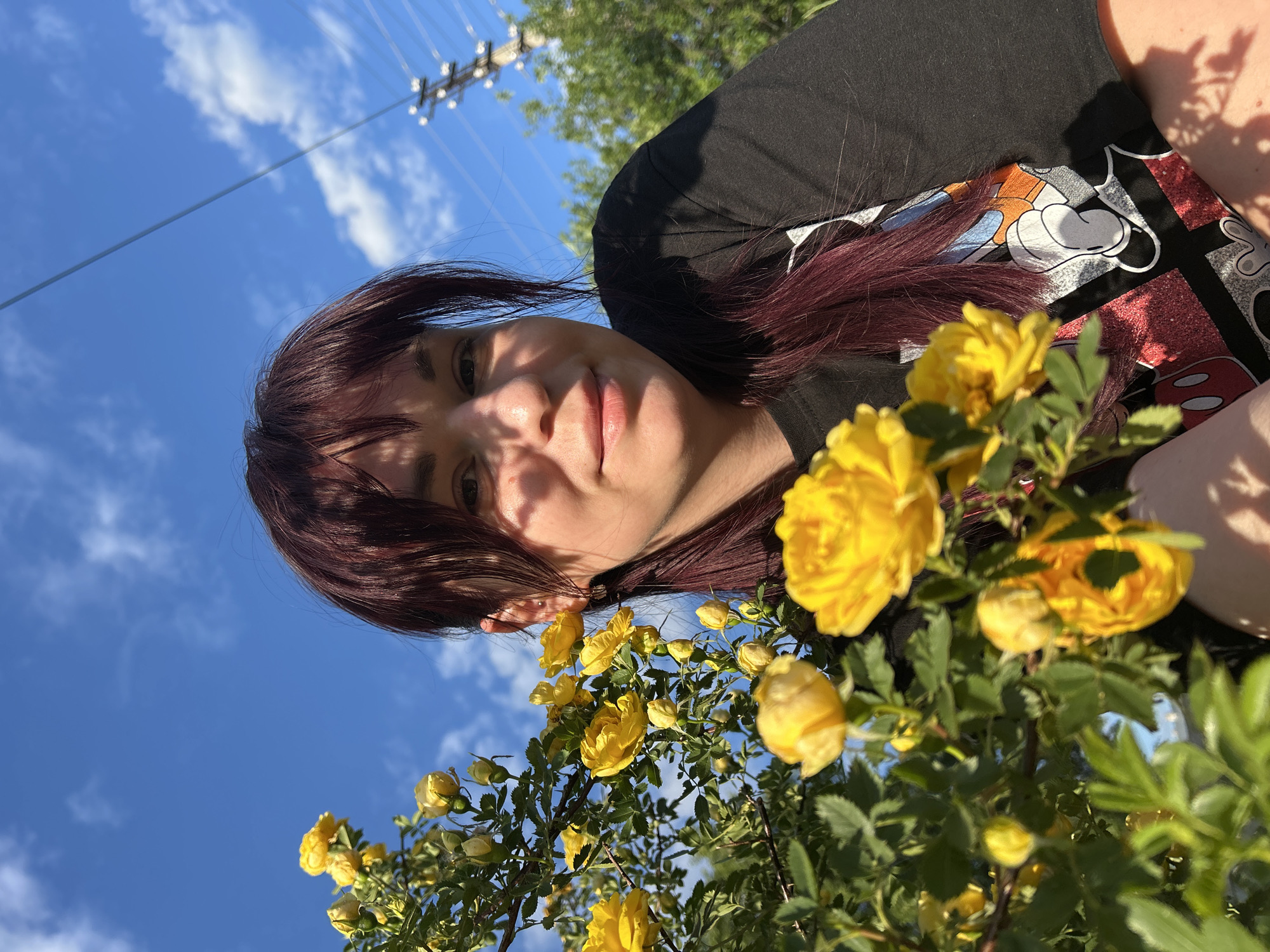 A woman with dark red hair, wearing a black t-shirt with a Disney character print, is shown in a low-angle, outdoor, close-up shot. She is smiling and looking at the camera, with her face partially obscured by a bush of bright yellow roses in the foreground. Behind her, a bright blue sky with scattered white clouds is visible, along with power lines and a utility pole. The image appears to have been taken on a sunny day. The specific location within the city of Fokino, Russia, is not discernible from the provided image.
