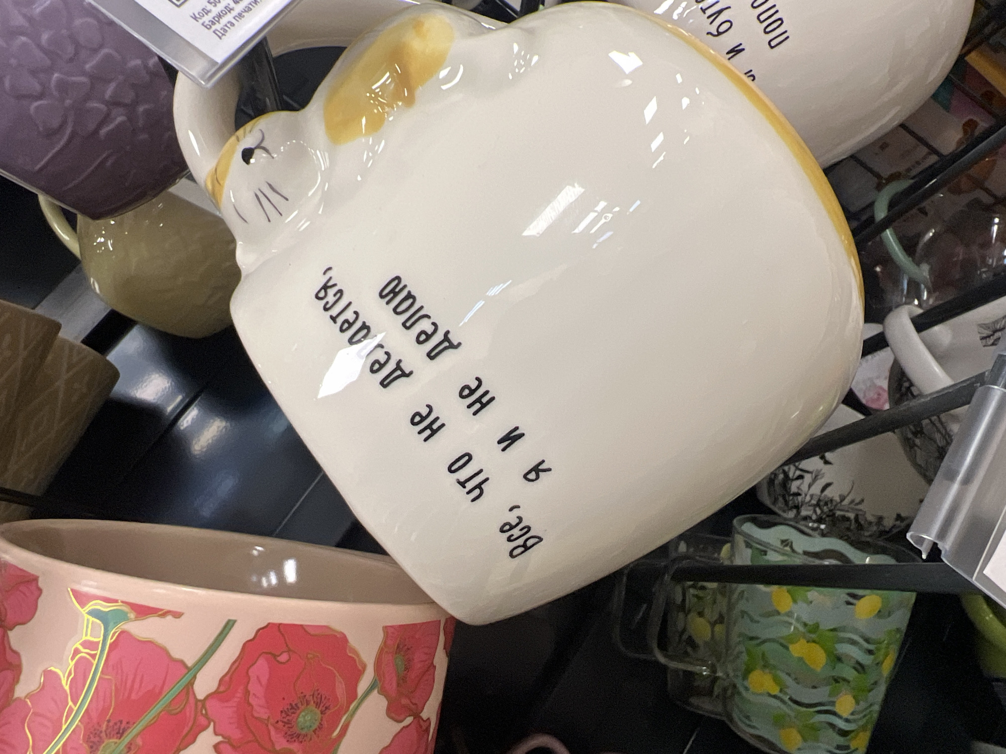 The image shows a close-up of several ceramic mugs on a shelf in a retail environment. One mug in the foreground is white with a yellow accent and has black Cyrillic text that reads "Все, что не делается, я и не делаю." This translates to "Everything that is done, I don't do." The mug has a cartoonish cat face design on it. To the left of this mug is another mug with a pink and red poppy flower pattern. To the right and behind, there are other mugs, one purple and one with a green and yellow lemon pattern. The background appears to be a shelf in a store, likely a home goods or gift shop. The lighting is artificial, and reflections are visible on the glazed surfaces of the mugs. There are no people or animals visible in the image. The context provided regarding the city of Novosibirsk, Russia, is not directly inferable from the visual content of the image itself, which focuses on product display in a commercial setting.
