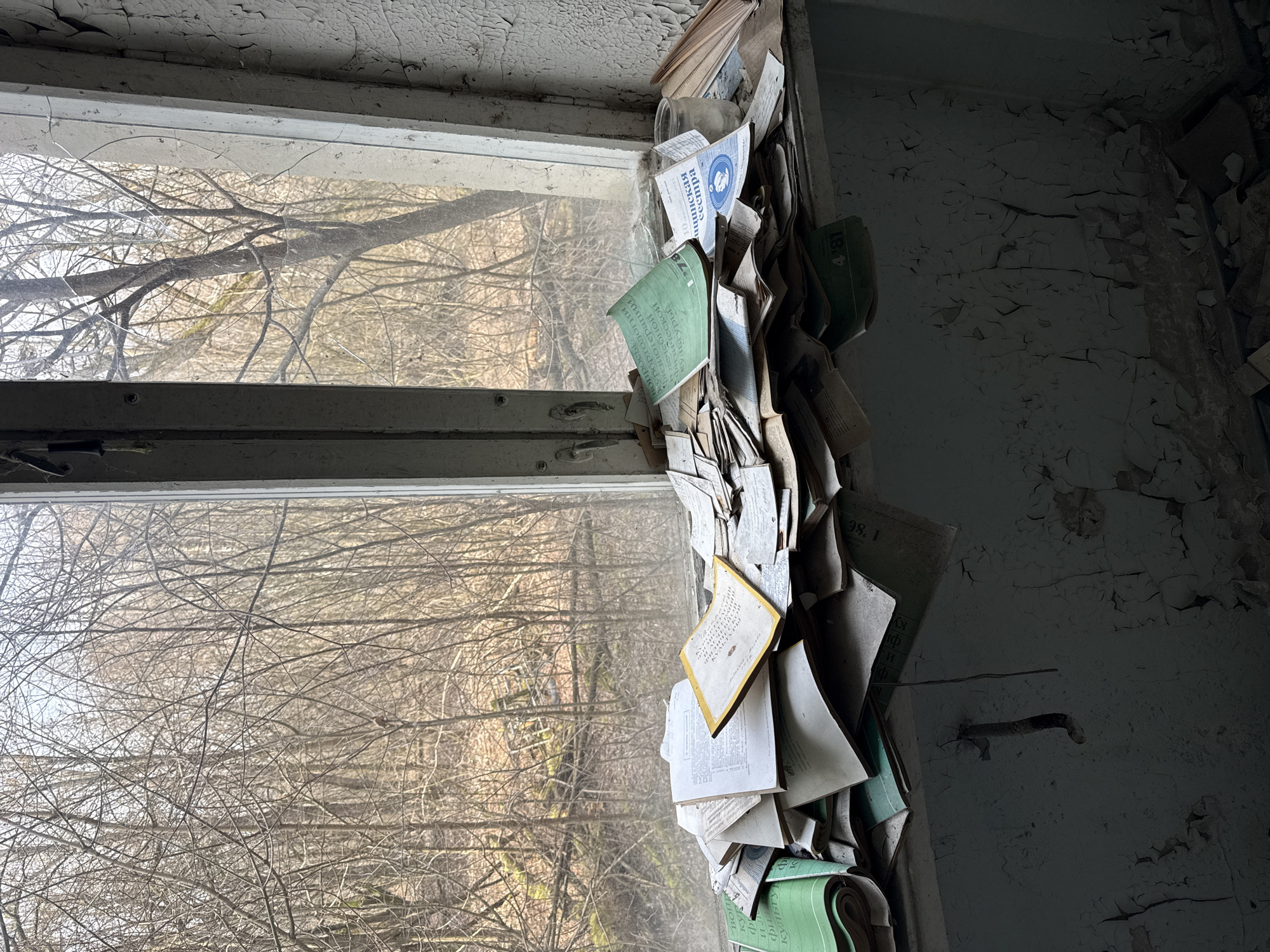 The image shows a decaying window in what appears to be an abandoned building. The window frame is old and weathered, with flaking paint. Through the glass, a view of bare trees is visible. Stuck between the window and the wall are numerous papers and documents, some of which are green or blue. Some of the documents feature Russian text. The wall adjacent to the window has heavily peeling paint, indicating significant decay.
The image is suggestive of the abandoned buildings in Prypiat, Ukraine, in the Chernobyl exclusion zone. It depicts the decay and deterioration found in buildings left after the disaster. The documents stuck in the window provide evidence of previous occupancy.