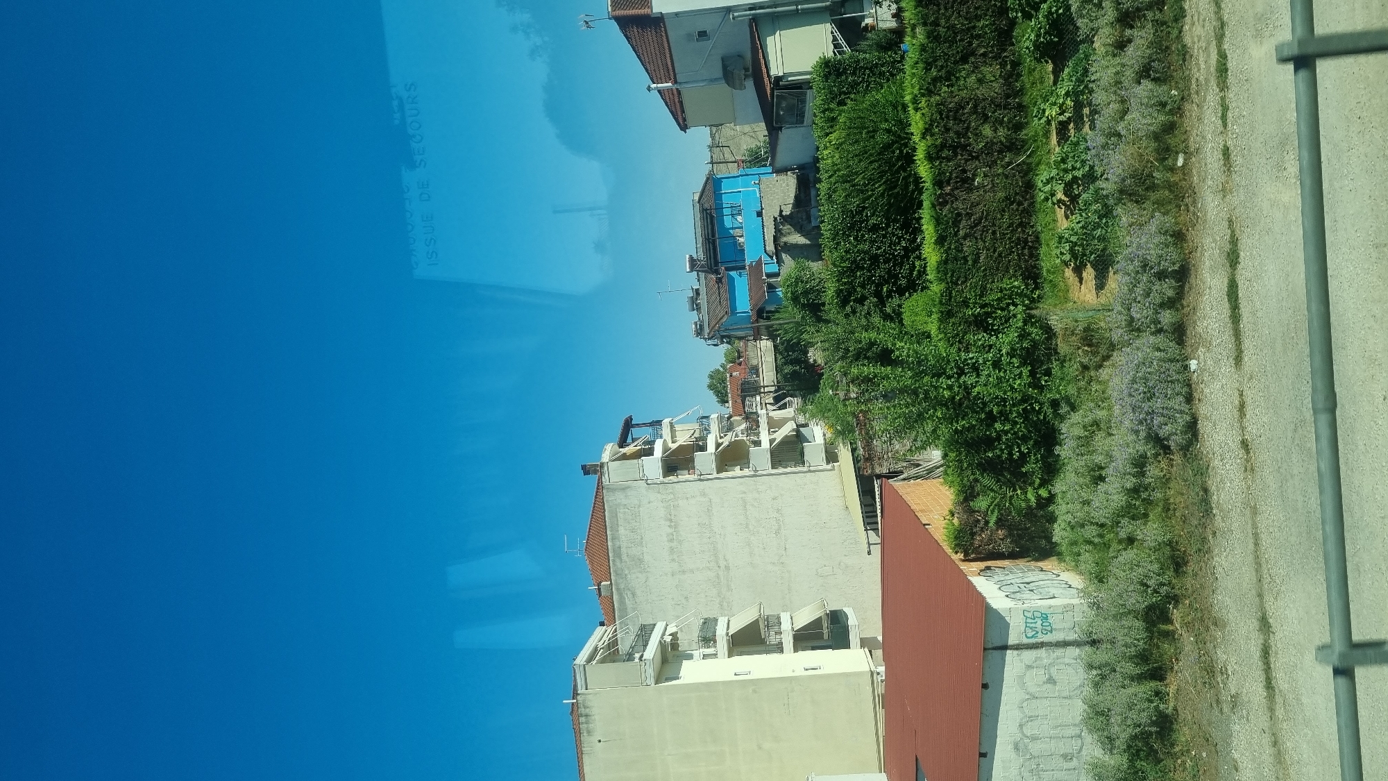 The image, taken from an elevated perspective likely from a vehicle, depicts a bright, sunny day in Larissa, Greece, with a clear blue sky dominating the upper portion. In the mid-ground, several buildings are visible. To the left, a tall, light-colored apartment building with multiple balconies and awnings stands prominently. Adjacent to it, another apartment building of similar height, painted a cream color, also features balconies and awnings. Further to the right, a smaller, vibrant blue house is nestled among other structures. Greenery, including trees and hedges, forms a dense band across the foreground and mid-ground, interspersed with patches of low-lying purple flowers and some unkempt vegetation. A red-tiled roof of a single-story structure is visible in the lower left corner, with graffiti spray-painted on its wall. In the distance, glimpses of other buildings and roofs suggest an urban or semi-urban environment. A subtle reflection on what appears to be a window or glass surface in the upper right quadrant of the image shows the text "ISSUE DE SECOURS", which translates to "EMERGENCY EXIT" in French, indicating the photograph may have been taken through a vehicle window. A horizontal metal railing runs across the bottom of the image, further suggesting the viewpoint is from a moving vehicle. The overall scene conveys a typical view of a residential area in Larissa on a clear day.
