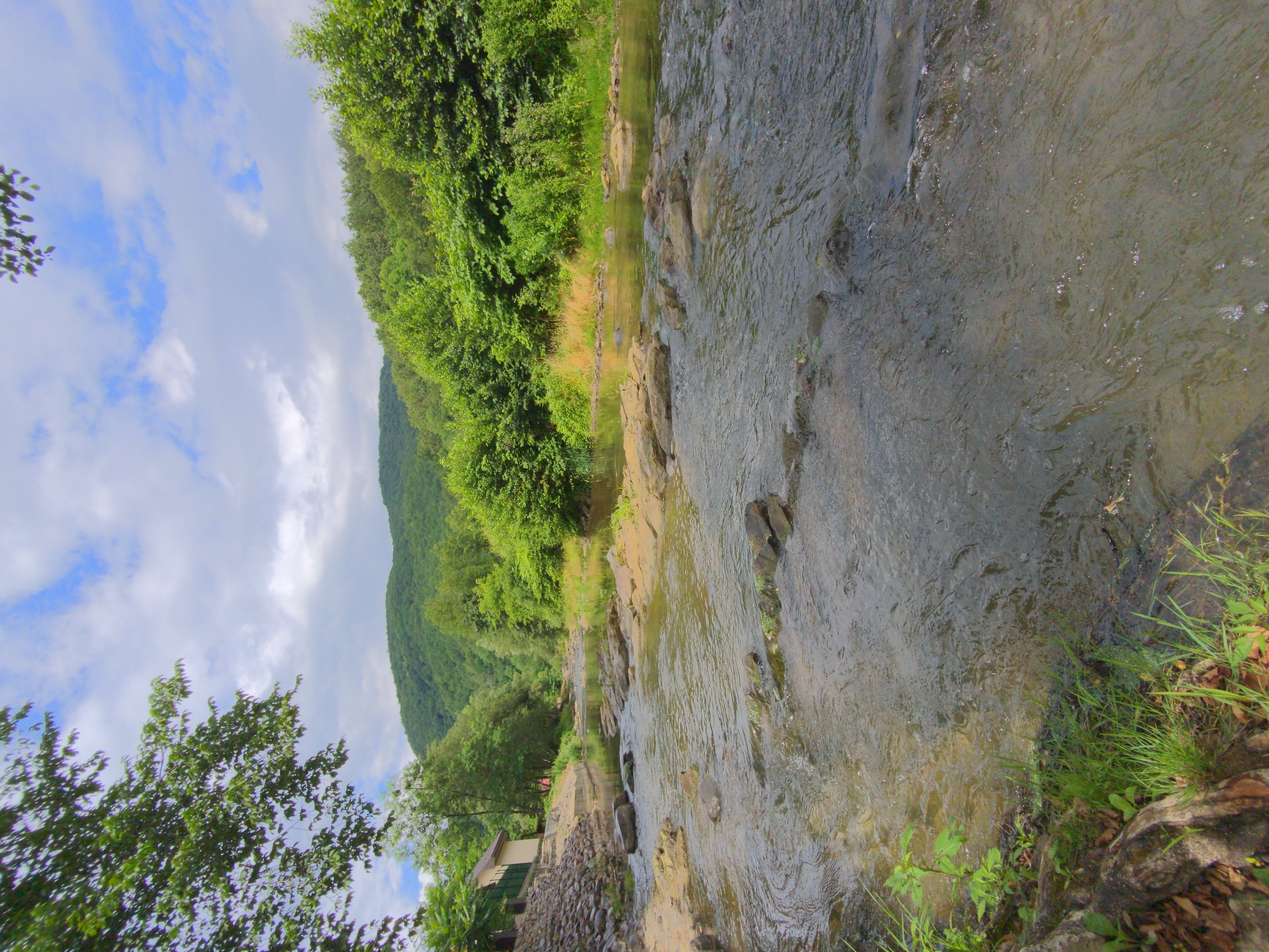 The image shows a scenic view of a river flowing through a lush green landscape. In the foreground, the river's surface is textured with ripples and light reflections. Rocks are visible both in the shallow water and along the riverbed. The left bank of the river features a rocky embankment leading up to a small building with a light-colored facade and a dark roof. Green trees and vegetation line both banks of the river, with dense foliage extending up the gentle slope of a forested hill in the background. The sky above is a mix of blue with scattered white and grey clouds. The scene is consistent with a natural setting in or around the village of Holubyne, Ukraine, a region known for its mountainous terrain and forested areas, which often feature rivers and streams. There are no people or animals visible in the image.