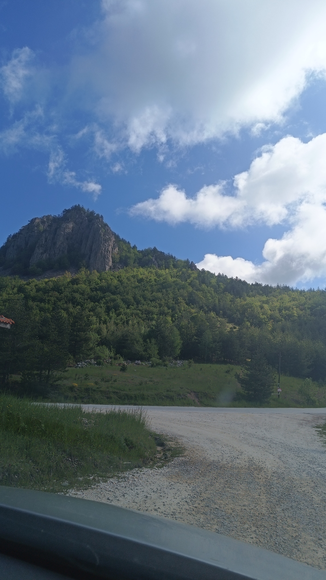 The image depicts a landscape near Vratsa, Bulgaria. A prominent rocky mountain occupies the upper left portion, partially covered in green vegetation. The mountain slopes down to a lush hillside covered with trees and grassy areas. A gravel road is visible in the foreground, with green grass and foliage on the left side. The sky is bright blue with scattered white clouds.