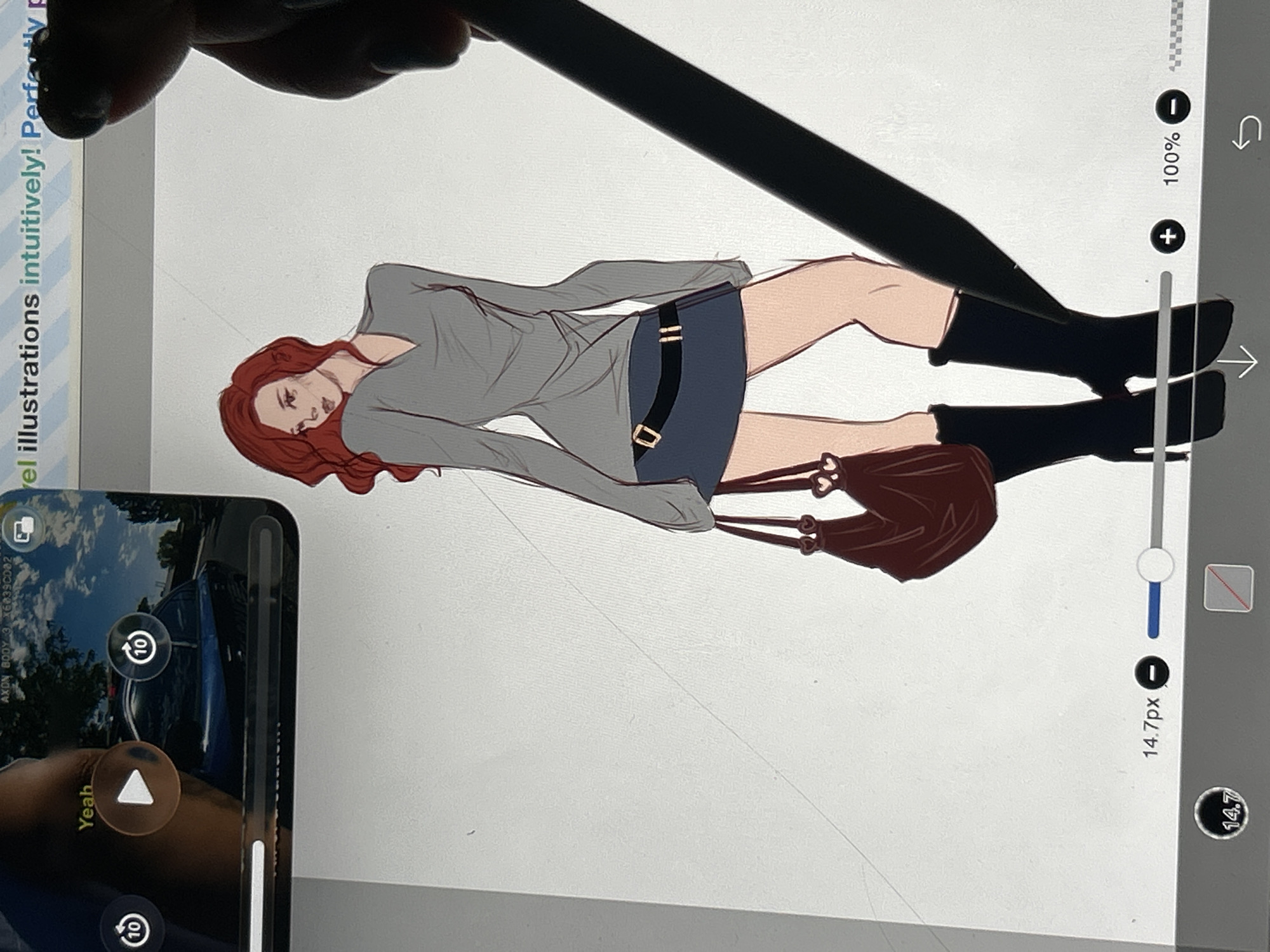 The image shows a digital illustration of a woman with red hair, wearing a grey long-sleeved shirt, a blue skirt with a black belt, and black high-heeled boots. She is carrying a dark red handbag. The illustration is incomplete, with visible sketch lines. A stylus is positioned over the lower right section of the illustration. In the background, there is a video playback interface, showing a play button and a "10" icon, and text that reads "Yeah" and "AXON BODY 3 X6039CD02". Further text at the top reads "el illustrations intuitively! Perfectly p". Below the illustration, there is a user interface with sliders, a zoom level indicator of "14.7px", and a percentage of "100%". The image is focused on the illustration and the digital art tools. There is no indication of the city of Cupra Marittima, Italy, within the provided image content.