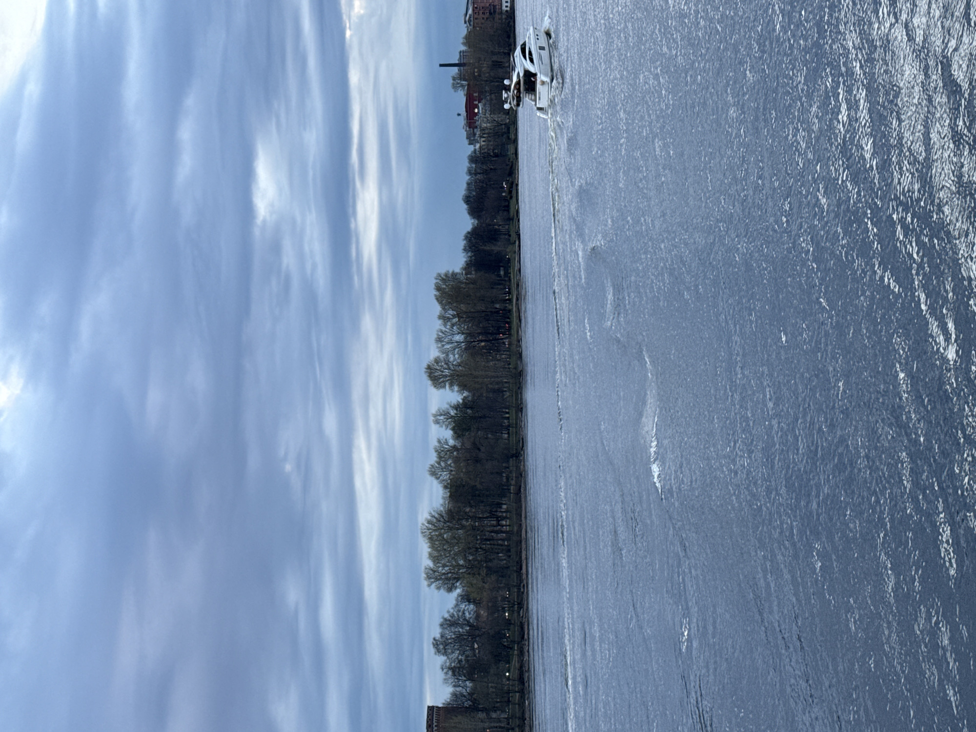 The image, oriented horizontally, presents a broad body of water, likely a river, under a partly cloudy sky. The upper portion of the frame shows a light blue sky with elongated, wispy white clouds stretching horizontally.
A tree-lined bank runs along the left side of the water. The trees appear to be deciduous, with branches mostly bare or just beginning to bud, suggesting the season is early spring. Beyond the treeline, in the distance, various buildings are visible, including one with a distinctive red roof and a tall, slender chimney, hinting at an urban or industrial landscape.
On the surface of the water, which occupies the right half of the image, ripples and small waves catch the light, indicating movement. A white motorboat or yacht is seen on the water, moving from left to right across the frame, leaving a clear wake behind it.
The time of day appears to be daytime, with ample natural light illuminating the scene. The weather is partly cloudy, allowing for bright reflections on the water. Given the context of Saint Petersburg, Russia, the scene likely depicts one of the city's wide rivers or canals, such as the Neva, with its characteristic embankments and historic architecture in the background. No visible text is present in the image.