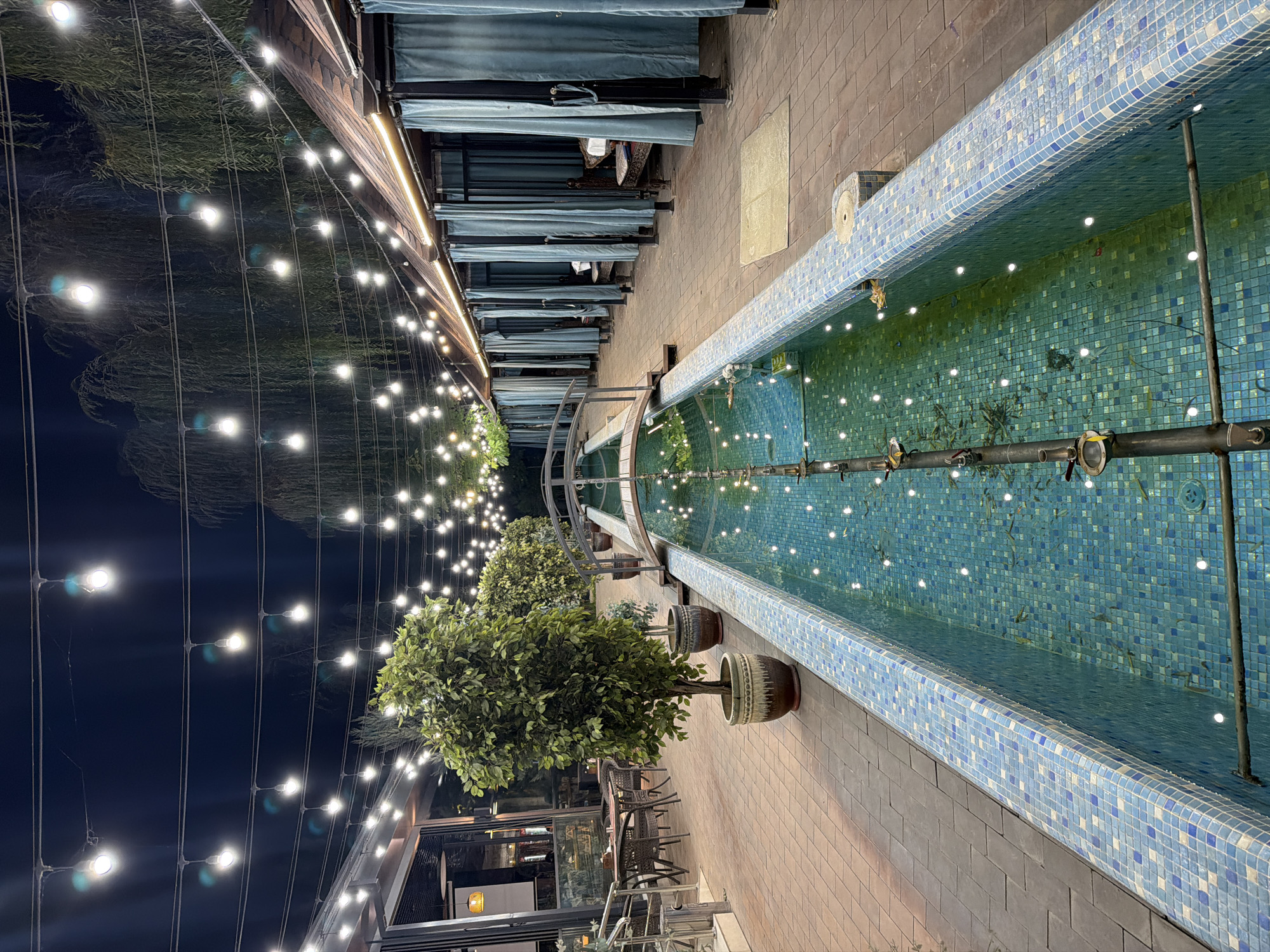 An outdoor evening scene depicts a pathway with a narrow, tiled water channel running down its center. String lights are suspended overhead, illuminating the area. On the left, there is a seating area with tables and chairs under a covered structure. To the right of the water channel, a row of individual covered cabanas with blue curtains line the path. A small arched bridge crosses the water channel. Trees are planted in large pots along the path. The location is identified as Chinarkent, Uzbekistan.