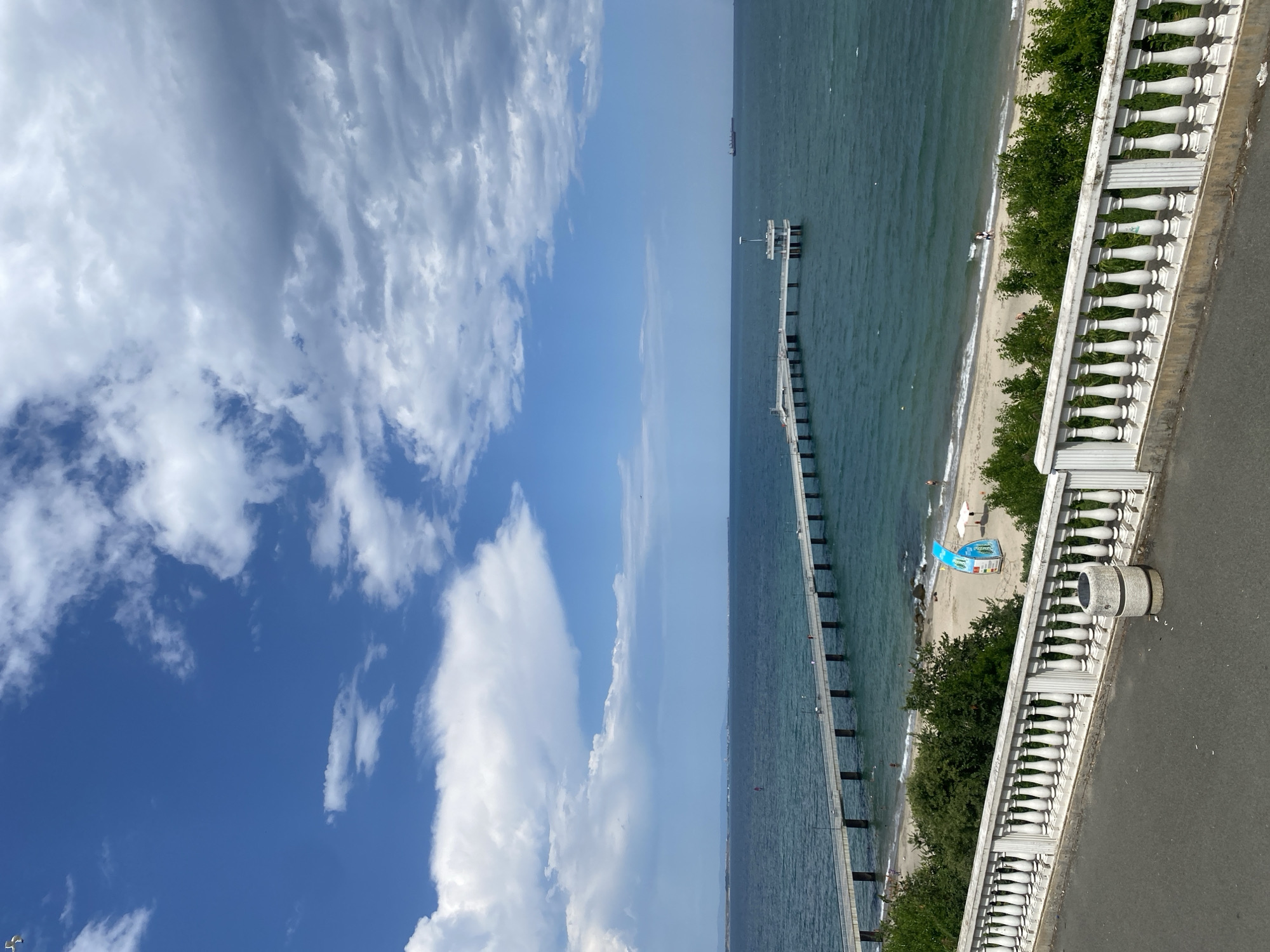 The image shows a view of the Burgas Sea Garden, specifically the pier extending into the Black Sea. A long, white pier with numerous pilings stretches across the frame, leading to a small, elevated structure at its end. The sea is a deep turquoise with moderate waves. The sky above is a vibrant blue, dotted with fluffy white clouds and some darker, more ominous clouds towards the horizon.
In the foreground, a white balustrade with ornate pillars lines the top of a slope. Below the balustrade, a sandy beach is visible with a few people scattered across it. Lush green trees and bushes separate the balustrade from the beach. Near the beach, a blue and white lifeguard station or information booth is present. A few scattered beach umbrellas are also visible.
Further out in the sea, a large cargo ship is visible on the horizon. The overall scene is one of a serene summer day at the coast, with a mix of natural beauty and human presence. The architecture of the balustrade and the pier suggest a well-maintained public space.