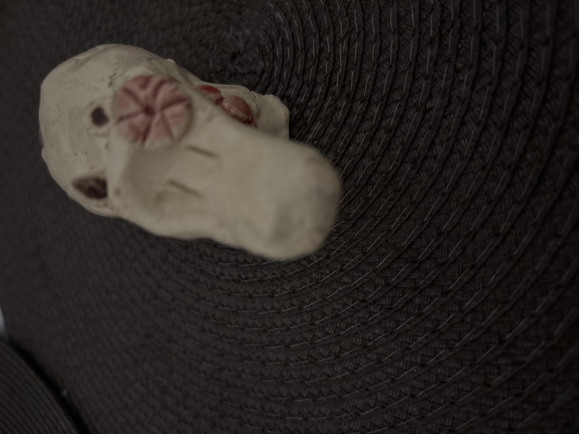 A toy platypus rests on a dark, textured, woven surface, likely a placemat or coaster. The platypus is light-colored with pink or red details. The photograph is taken from a high angle. The specific location of Saint Petersburg, Russia, is not discernible from the visual information provided.