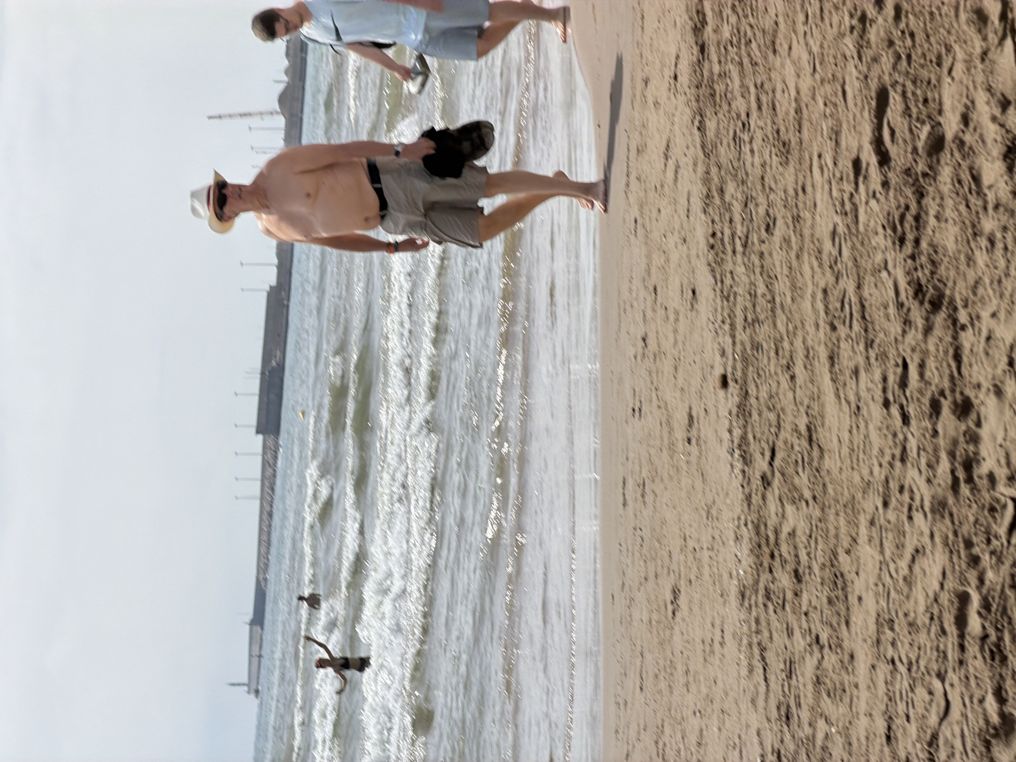 An outdoor daytime, full shot shows three people on a sandy beach near the ocean. The foreground is dominated by the textured sand of the beach. In the middle ground, two men are walking along the waterline. The man on the left, in the foreground, is an older Caucasian male wearing a white cowboy hat, sunglasses, and beige cargo shorts. He is shirtless and carrying a dark sandal in his right hand. The man to his right, further in the background and slightly out of focus, is a younger Caucasian male wearing a light blue t-shirt and grey shorts. He is carrying a dark bag over his right shoulder and a light-colored sandal in his right hand. In the background, a woman in a black bikini is visible in the choppy ocean water, with her arms raised. The ocean stretches to the horizon, where a long pier or breakwater with lights and industrial structures can be seen. The sky is overcast and hazy.