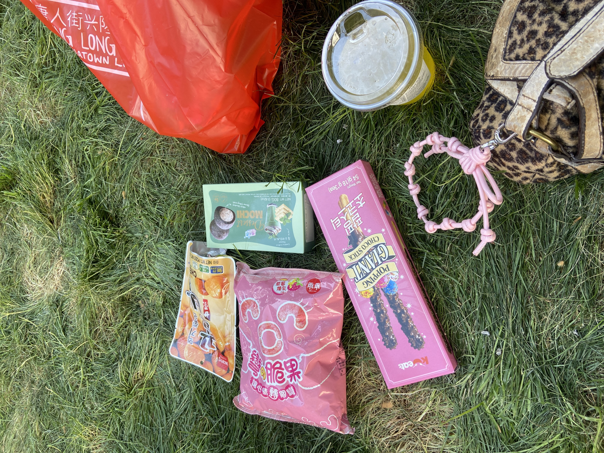 The image depicts a collection of items scattered on a patch of green grass. The items include a red plastic bag with the words "CHINATOWN L. LONG" printed on it, a clear plastic container with a yellowish liquid inside, a green box labeled "Dessert MOCHI," a yellow and orange bag of "Wang" brand chestnut snacks, a pink bag of "脆果" (crisp fruit) snacks, and a pink box of "POPPING GIANT CHOCO STICK." There is also a pink knotted bracelet and a leopard print handbag. The items are arranged randomly on the grass, suggesting a casual, perhaps picnic-style setting. The text on the red bag indicates that the location is near Chinatown, likely in London.