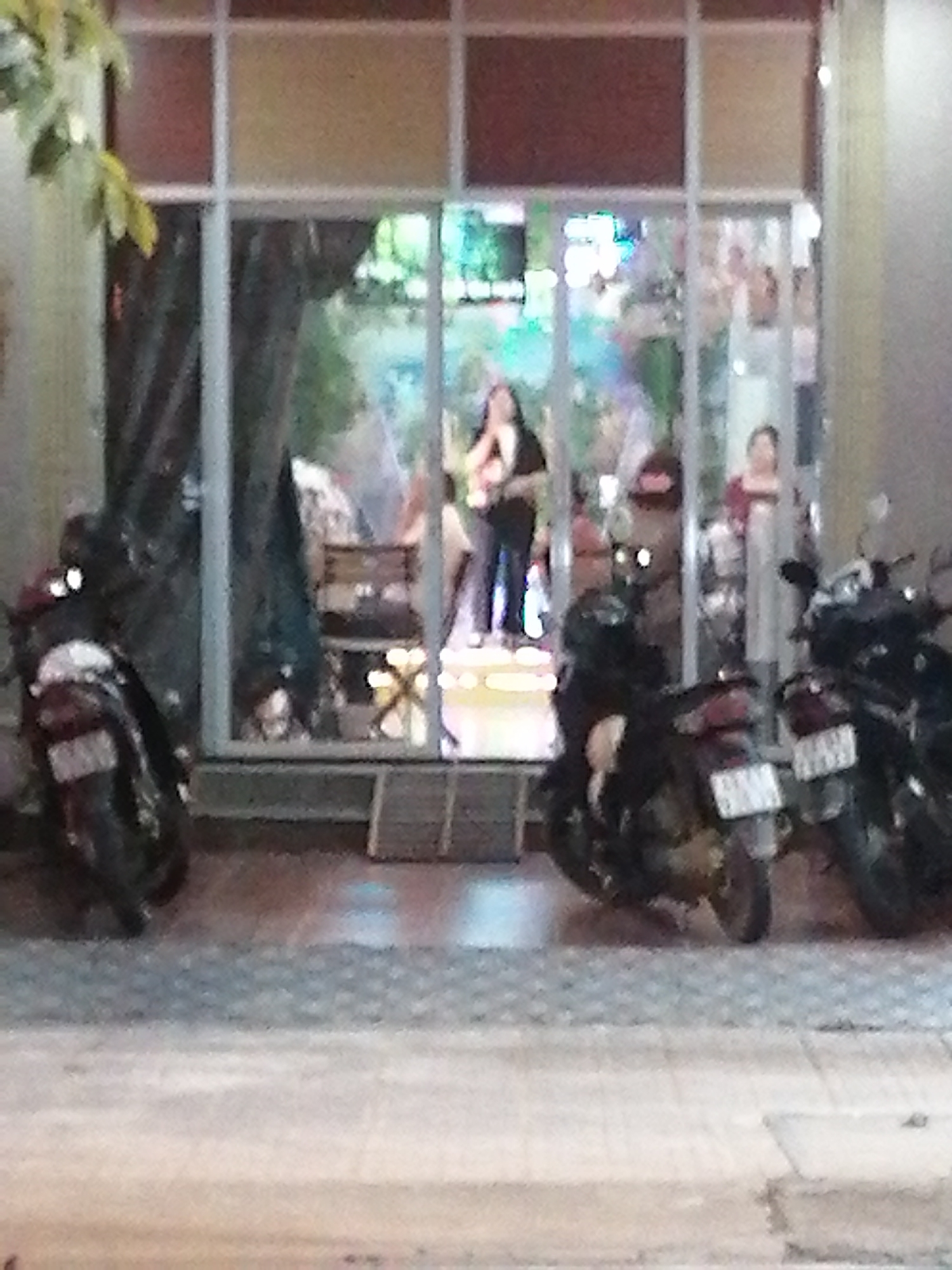 The image captures a street-level view of a commercial establishment in Đinh Văn, Vietnam, likely a karaoke bar or restaurant, given the interior lighting and visible patrons. The building features a large glass storefront with multiple panes. Through the glass, several individuals are visible inside. On the left, a woman in dark clothing stands near the entrance. Further inside, another woman in a dark top and light-colored pants appears to be singing or performing. In the background, other people are seated or standing, suggesting an active interior.
Outside the establishment, three motorcycles are parked along the sidewalk. Two are in the foreground, parked parallel to the building, and a third is visible on the far left. The motorcycle on the far left is partially obscured by foliage from a nearby tree or plant. The ground in front of the building is paved with a textured material, possibly concrete or stone tiles, with metal grates visible in sections. The overall scene depicts a typical urban streetscape in Vietnam at what appears to be evening or night, with artificial lighting illuminating the interior of the building and reflecting on the wet pavement.