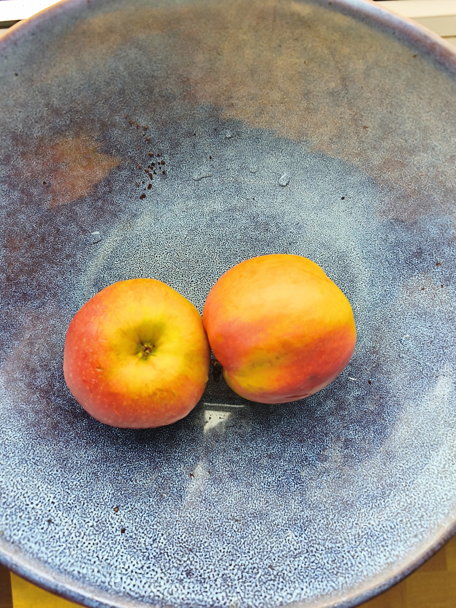 Two apples, one with its stem visible, are positioned on a blue, speckled ceramic plate. The plate has a glossy finish and a slightly raised rim. The apples exhibit a gradient of colors, ranging from yellow to orange and red. The background is out of focus and appears to be a warm, neutral color. The scene is captured from a slightly elevated angle. There is no indication of the city of Astana, Kazakhstan, or any specific location within it.