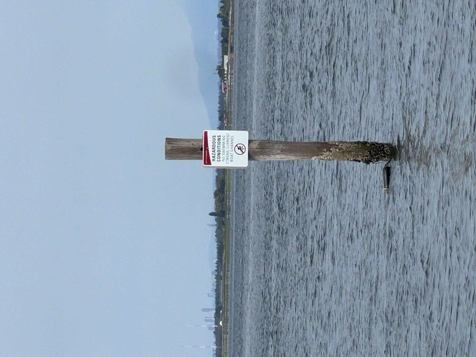 A wooden post emerges from calm, dark blue water. Attached to the post is a white sign with red lettering that reads "HAZARDOUS CONDITIONS NO SWIMMING STRONG CURRENT BOAT CHANNEL" and features a red circle with a diagonal line through a person swimming. The post is weathered and covered in barnacles. In the background, a city skyline with tall buildings and cranes is visible across a body of water and land, under a hazy, light blue sky. Mountains are visible in the far distance. The scene appears to be a waterway within the city of Surrey, Canada, likely a public access point or navigational marker.