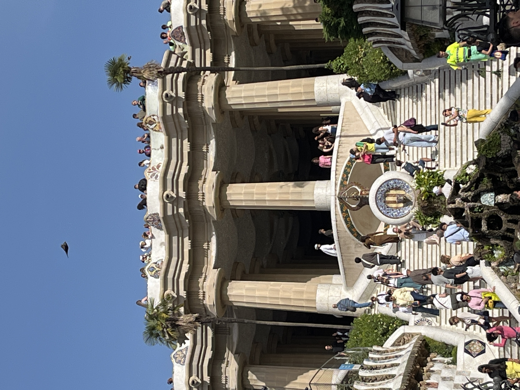 This image captures a vibrant outdoor scene at Park Güell in Barcelona, Spain, under a clear blue sky. The main subject is a section of the park's iconic colonnade, featuring numerous large, fluted stone columns supporting a textured, vaulted ceiling. Decorative elements, possibly mosaic-tiled, adorn the structures and railings.
Many people are visible throughout the scene, indicating a popular tourist destination. On the upper level or balcony of the colonnade, a crowd of people looks out over the park. A tall palm tree stands prominently near this upper section. Below the colonnade, a wide, multi-tiered staircase descends, filled with visitors. Some people are sitting on the steps, others are standing or walking. A circular fountain feature with colorful mosaic tiling is centered on one of the landings of the staircase. To the right of the stairs, more people are gathered, including one individual in a bright yellow-green safety vest. Lush green foliage and other palm trees are interspersed around the architectural elements. Strong sunlight suggests it is daytime, casting clear shadows. A small, dark, bird-like object is visible against the blue sky on the left side of the frame. No discernible text is visible in the image.