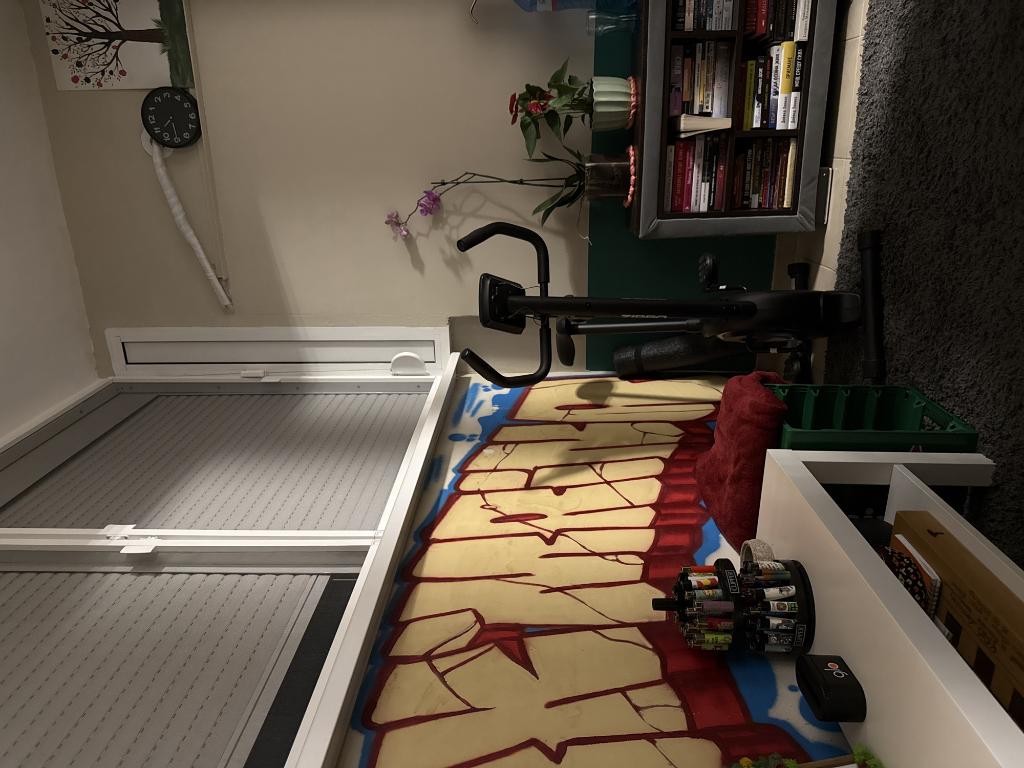 The image depicts an indoor scene, possibly a balcony or a room with a window. In the foreground, a white shelf unit holds several items, including a black circular display with numerous lighters, a black "Glo" device, and a red folded towel. To the left, a large section of a wall is covered in graffiti with yellow lettering outlined in red and blue. A black exercise bike stands behind the shelf unit, with a black exercise mat leaning against it. To the right, a dark gray cabinet is filled with books. On top of the cabinet are two potted plants, one with purple orchids and another with red flowers. A wall clock with black numbers and hands is visible on the wall above the cabinet, and a painting of a tree with colorful dots hangs on the wall to the right of the clock. The overall lighting suggests it is either evening or a dimly lit indoor space. There are no people present in the image. The presence of graffiti and the exercise equipment suggests a personal space with an artistic and fitness-oriented theme. The city of Plovdiv, Bulgaria, is not depicted in the image, and there are no visual cues to place the scene specifically in that location.