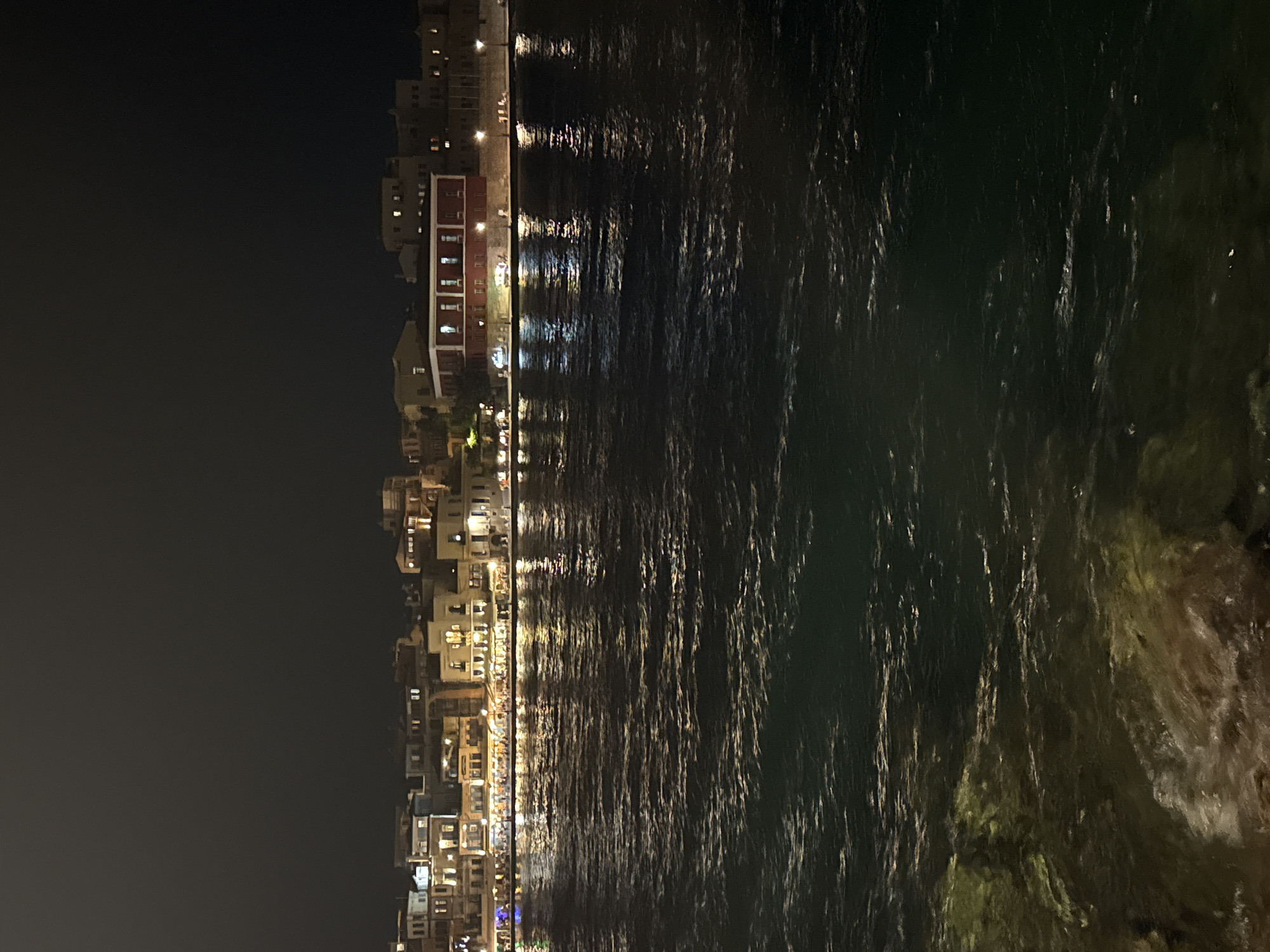 An eye-level, vertical, full shot captures a nighttime waterfront scene in an unknown city. The image is divided into two main sections: the water in the foreground and a cityscape in the background. The water, which occupies approximately the bottom two-thirds of the frame, is dark and choppy, reflecting the lights from the buildings. Rocks and some submerged elements are visible beneath the surface in the lower left corner.
The cityscape, positioned in the upper third of the image, features a row of buildings illuminated by artificial lights. The architecture appears to be European, with multiple stories and a mix of colors, including light yellow, beige, and red. Some buildings have arched windows, and others display rows of square windows. Streetlights are visible along the waterfront promenade, casting pools of light onto the street and the water's surface. The sky above is completely dark, indicating nighttime. No people are discernible in the image.