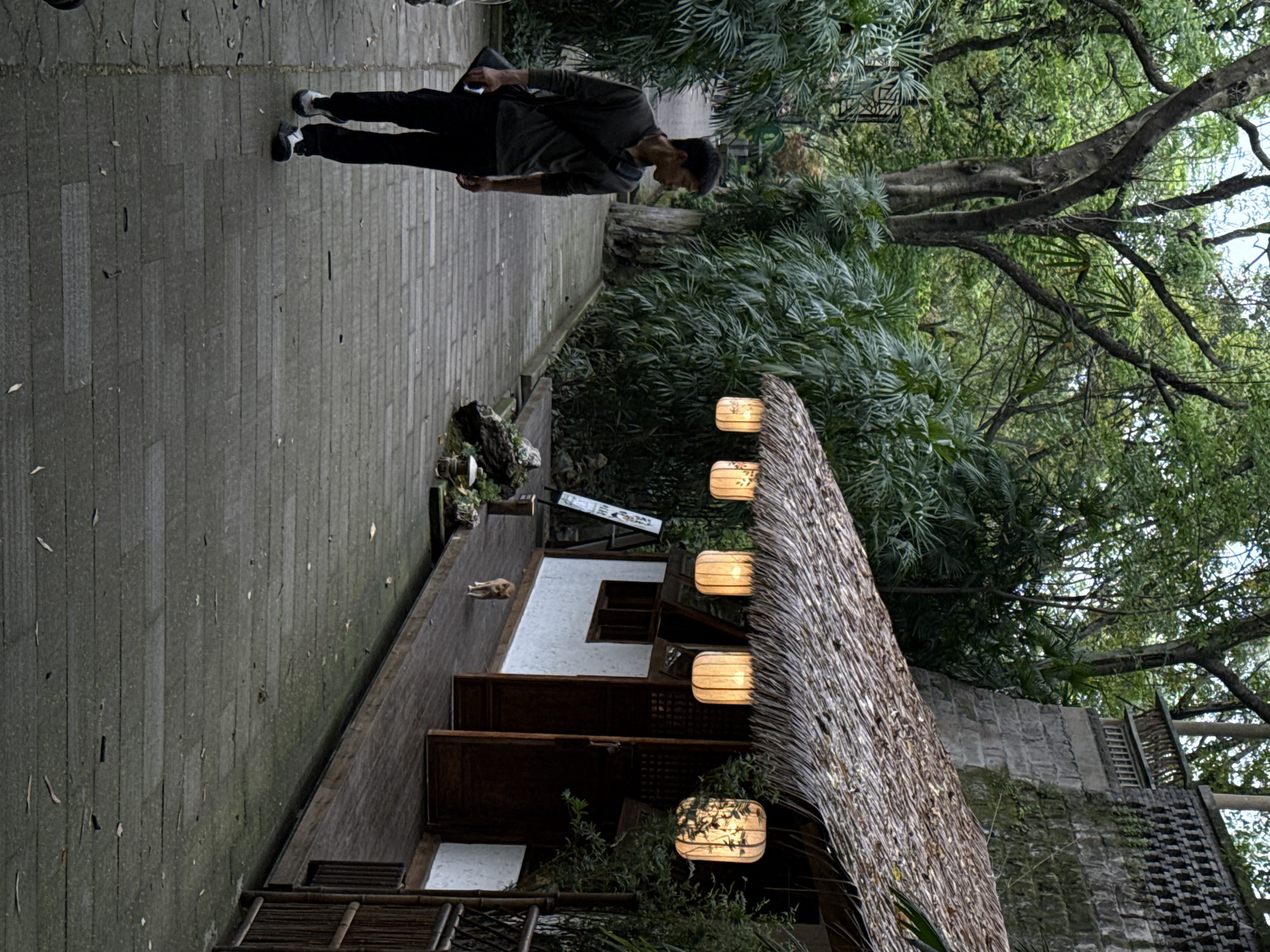 A man walks along a stone pathway in Yuzhong District, China. He is wearing dark pants and a grey shirt and holding a dark object, possibly a phone. To his right is a traditional building with a thatched roof adorned with illuminated lanterns. A small dog lies on the building's porch. Lush green foliage and trees surround the structure. The scene conveys a blend of urban and natural elements.