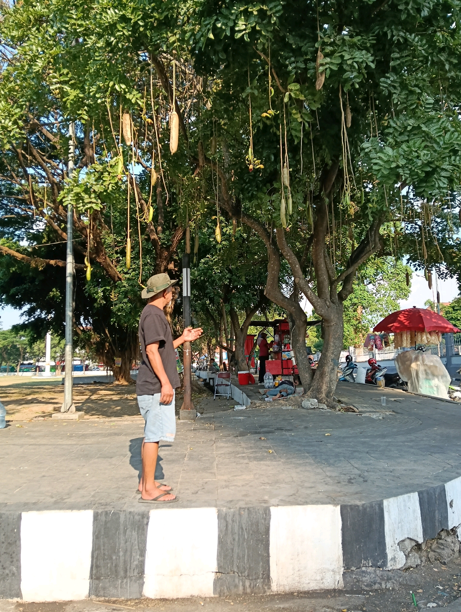 A man stands on a sidewalk in front of a tree with long, hanging fruit. He is wearing a hat, a dark t-shirt, and denim shorts, and is barefoot in flip-flops. He appears to be talking to someone off-camera. In the background, there is a food stall with a person preparing food. A red umbrella is set up near a motorcycle, and another person is lying down under a tree. The scene takes place outdoors in what appears to be a public park or roadside area in the city of Karanganyar, Indonesia, indicated by the presence of street vendors and local flora.