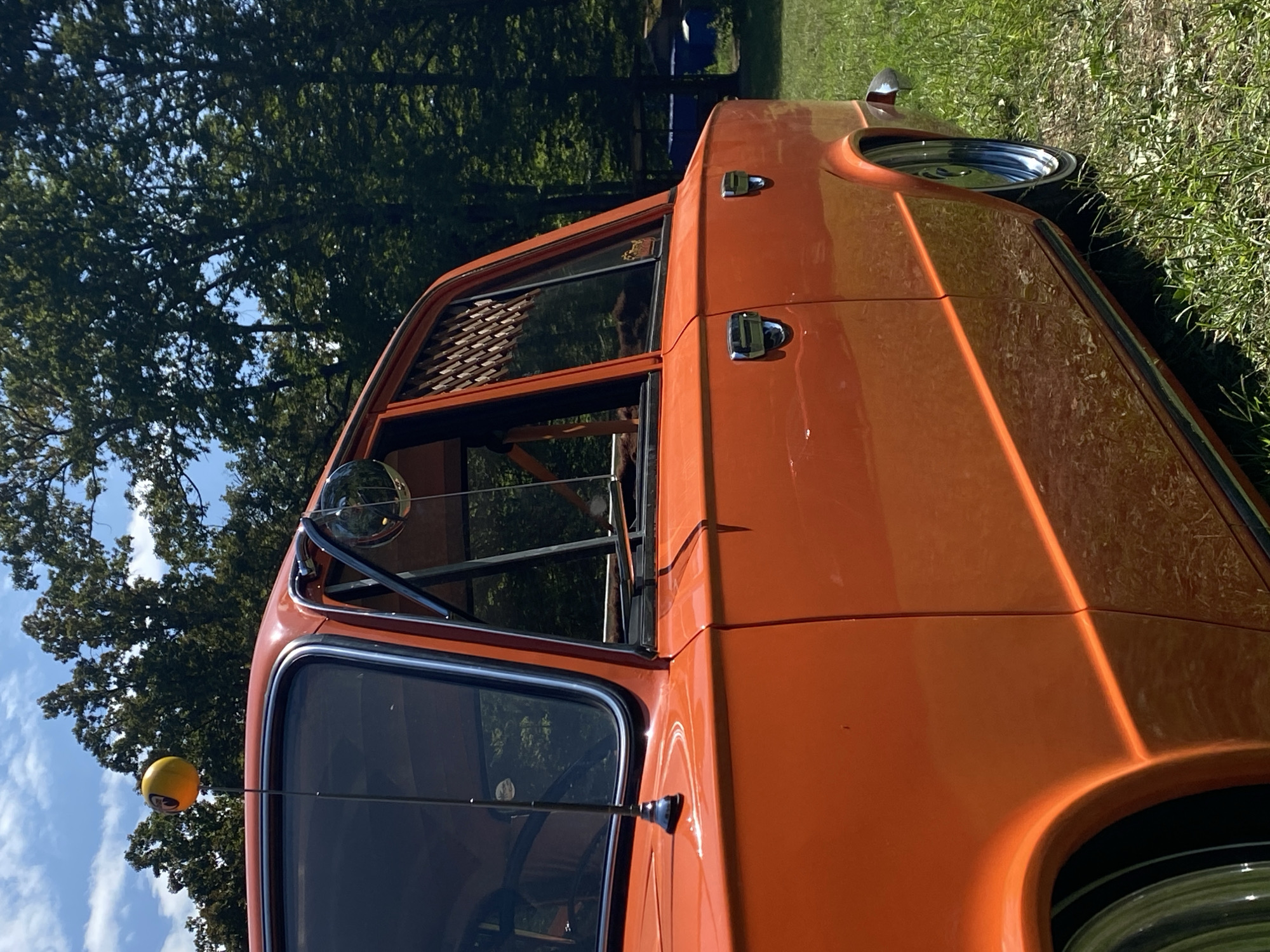 The image shows a side view of an orange vintage car parked on a grassy area with trees in the background. The car has a chrome side mirror and door handles. A black antenna with a yellow ball on top extends from the roof. The car appears to be modified, with a lowered suspension and chrome wheels. The environment suggests a rural or park-like setting, possibly in Bezymyannoe, Russia, given the presence of mature trees and a rustic atmosphere. No people are visible in the image.