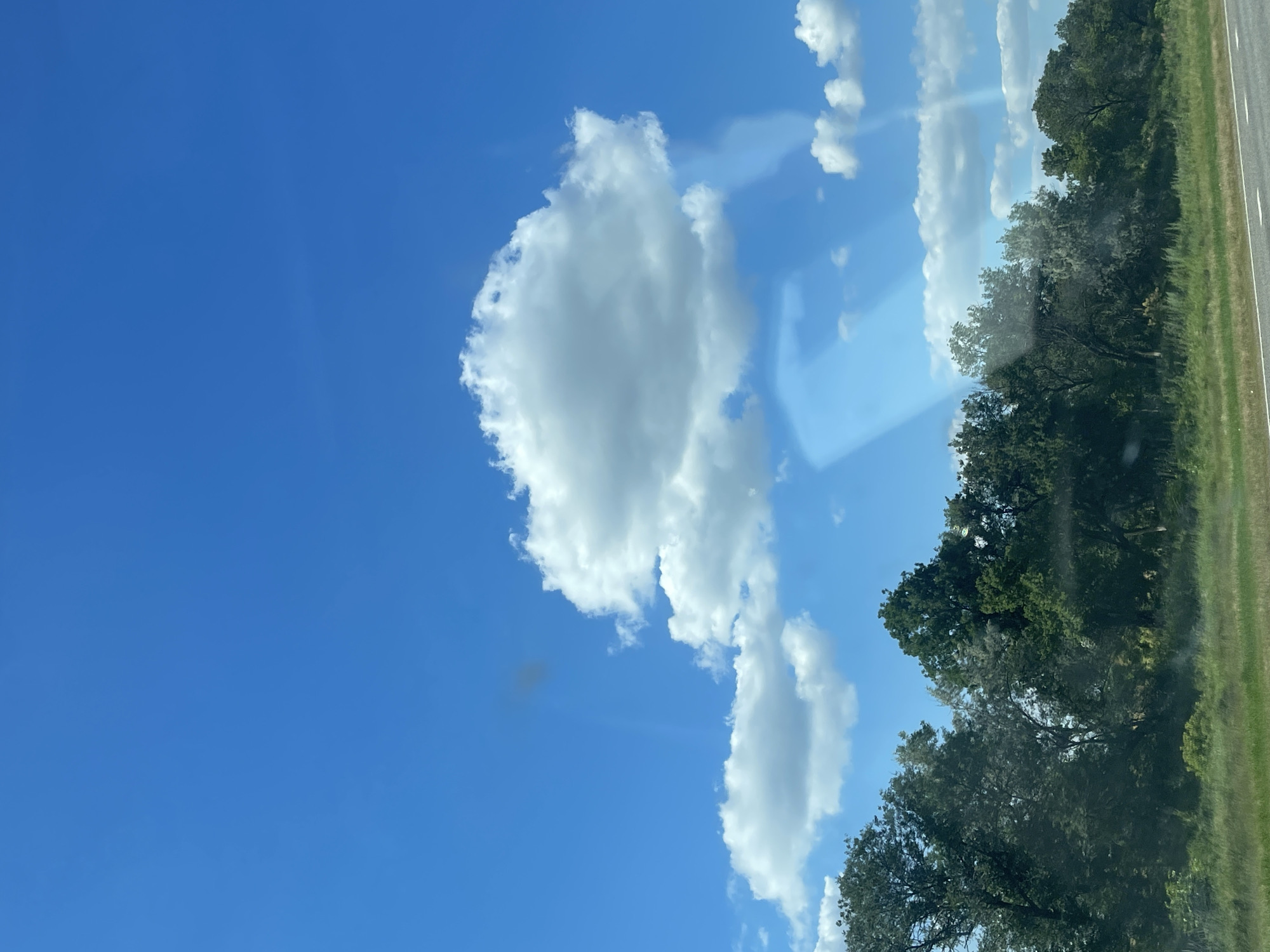 The image depicts a rural landscape under a bright blue sky dotted with fluffy white clouds. A line of trees forms a dense border along the horizon, with lush green grass and vegetation in the foreground. A paved road with white lines runs along the bottom right edge of the frame, suggesting a highway or rural road. There are no people or animals visible in the scene. The overall impression is one of a peaceful, natural setting.