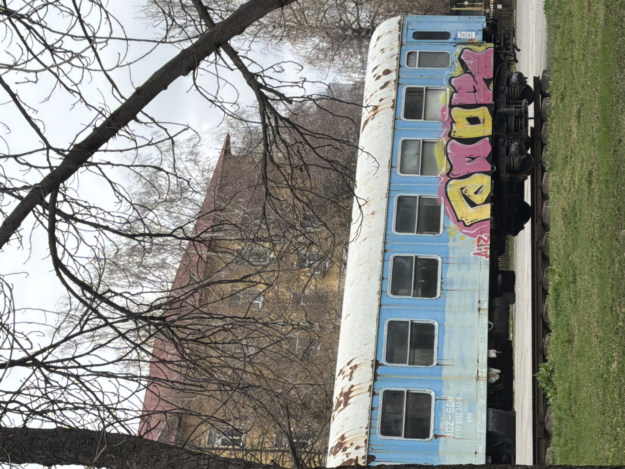 An aged, light blue train car is located next to a track and grassy area. The train car is covered with graffiti in pink and yellow colors. A tree with bare branches appears in the foreground. In the background, there is a building with a red roof. The train car is located in Sofia, Bulgaria.