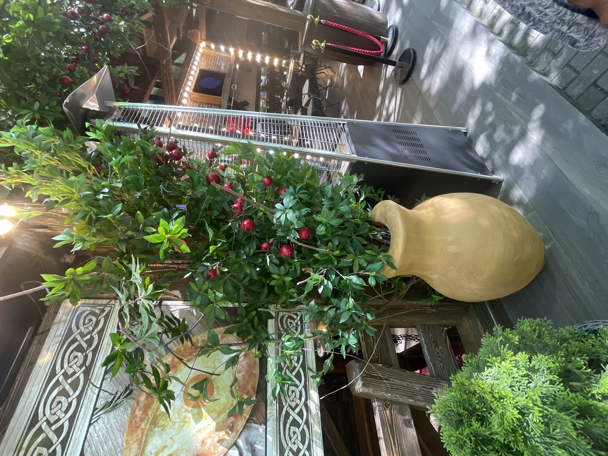 The image captures a vibrant, decorative outdoor or semi-outdoor area of what appears to be a restaurant or cafe in Sochi, Russia. The scene is rich with lush greenery and warm lighting, creating a welcoming ambiance.
The primary subject is a large, light-colored ceramic or terracotta-style pot, tilted on its side, from which a dense arrangement of green leafy plants emerges. These plants are adorned with numerous small, red, berry-like fruits, possibly artificial pomegranates or decorative berries, adding a splash of color.
To the left of this plant arrangement, a tall, black and metallic outdoor patio heater stands prominently. Further back, red velvet rope stanchions with golden tops are visible, typically used to guide patrons or define seating areas. Beyond these, glimpses of tables and chairs suggest a dining or lounge space. The background also features illuminated fixtures on walls, contributing to the warm glow.
On the left side of the frame, decorative wooden panels are visible. One panel showcases an intricate Celtic knot-like pattern, while another partially visible panel has a circular, illustrative design, possibly an artistic representation of food. In the foreground, lower right, a bushy green plant, resembling a conifer, adds to the natural aesthetic.
The ground consists of light-toned paving stones or tiles, with shadows hinting at either natural light filtering in or strategically placed artificial light. No people are clearly visible, and thus no specific activity is captured, but the setup implies an area prepared for guests. The combination of an outdoor heater and decorative elements suggests that the area is designed for comfort and aesthetic appeal, possibly for evening use given the warm artificial lighting. No discernible text is visible in the image.