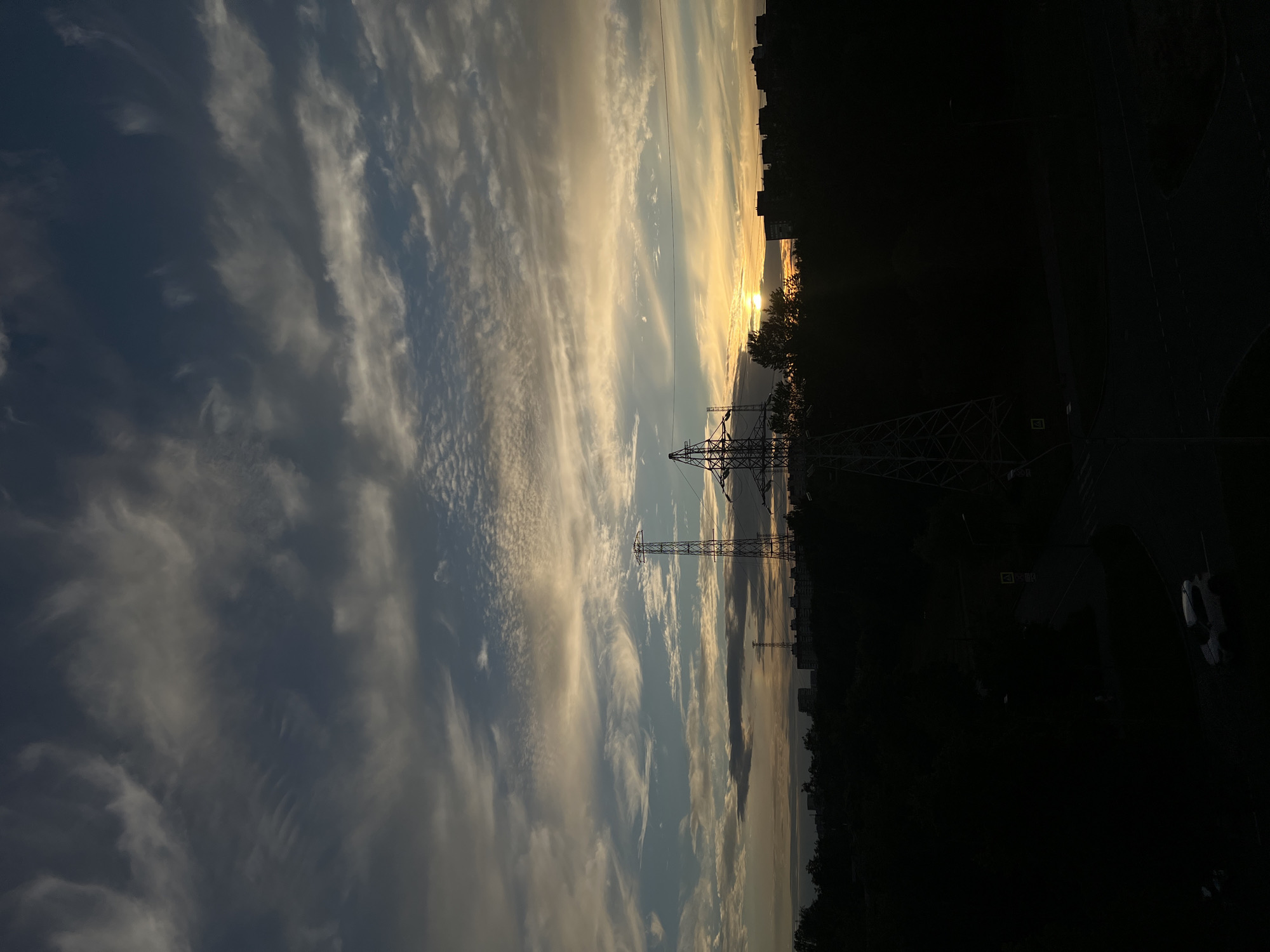 The image depicts a vertical, panoramic view of a sunset in Saint Petersburg, Russia. The sky is filled with dramatic, wispy clouds, illuminated by the golden and orange hues of the setting sun. In the foreground, a silhouetted power line tower stands tall, its intricate metal structure stark against the vibrant sky. Further in the distance, the dark silhouettes of apartment buildings and trees line the horizon, indicating an urban or suburban setting. The overall mood is serene and somewhat dramatic, capturing the ephemeral beauty of a sunset. The time of day is clearly evening. No visible text is present in the image.