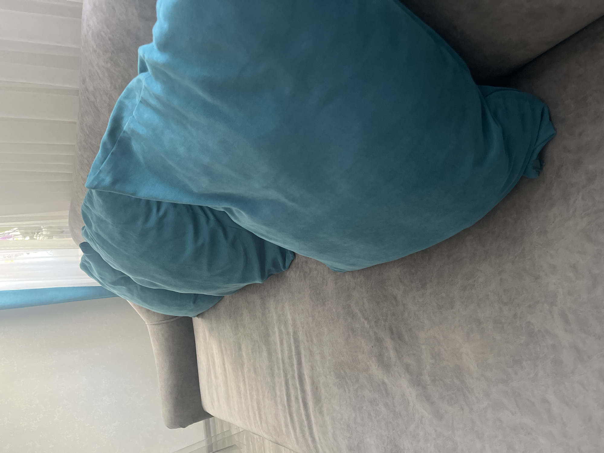 The image shows a close-up view of a grey couch with two large, blue pillows. The pillows are resting on the couch, one slightly overlapping the other. The couch appears to be in a room with natural light coming in from a window on the left side of the image. The location is Unknown, Unknown.