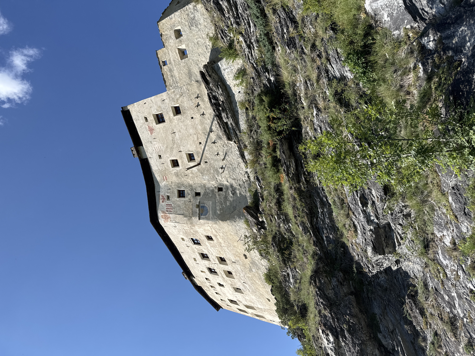 The image shows a low-angle view of Tarasp Castle, also known as Schloss Tarasp, situated on a rocky outcrop under a clear blue sky. The imposing stone structure of the castle, characterized by its pale facade, numerous small windows, and dark tiled roof, dominates the upper portion of the frame. Decorative crests and a sun-dial motif are visible on the castle walls. The castle is built into the natural rock face, which is rugged and covered with sparse vegetation, including grass and small trees. The composition emphasizes the castle's height and its integration with the dramatic landscape. The image was taken on a sunny day, with the bright sunlight casting shadows and highlighting the texture of the rocks and the castle walls. There are no people or animals visible in the image.