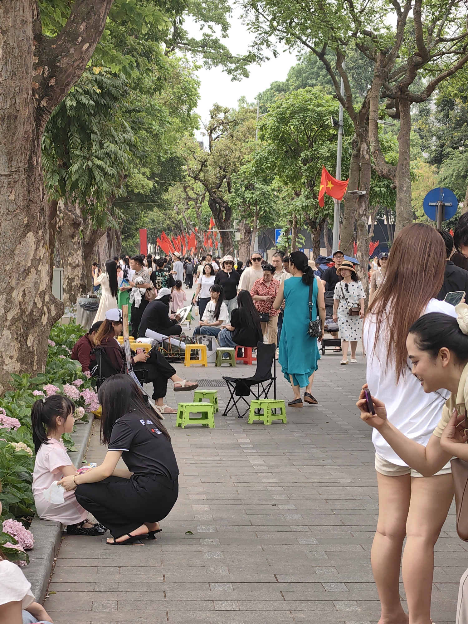 The image captures a street scene in Hà Nội, Vietnam. A tree-lined sidewalk is crowded with people. Along the left, several individuals sit on small stools near a curb lined with pink hydrangeas. Two women are close to the camera, one sitting and interacting with a little girl, while the other is standing and holding a smartphone. In the background, Vietnamese flags hang along the street. A diverse group of people stroll and gather along the sidewalk. The atmosphere suggests a public celebration or event.