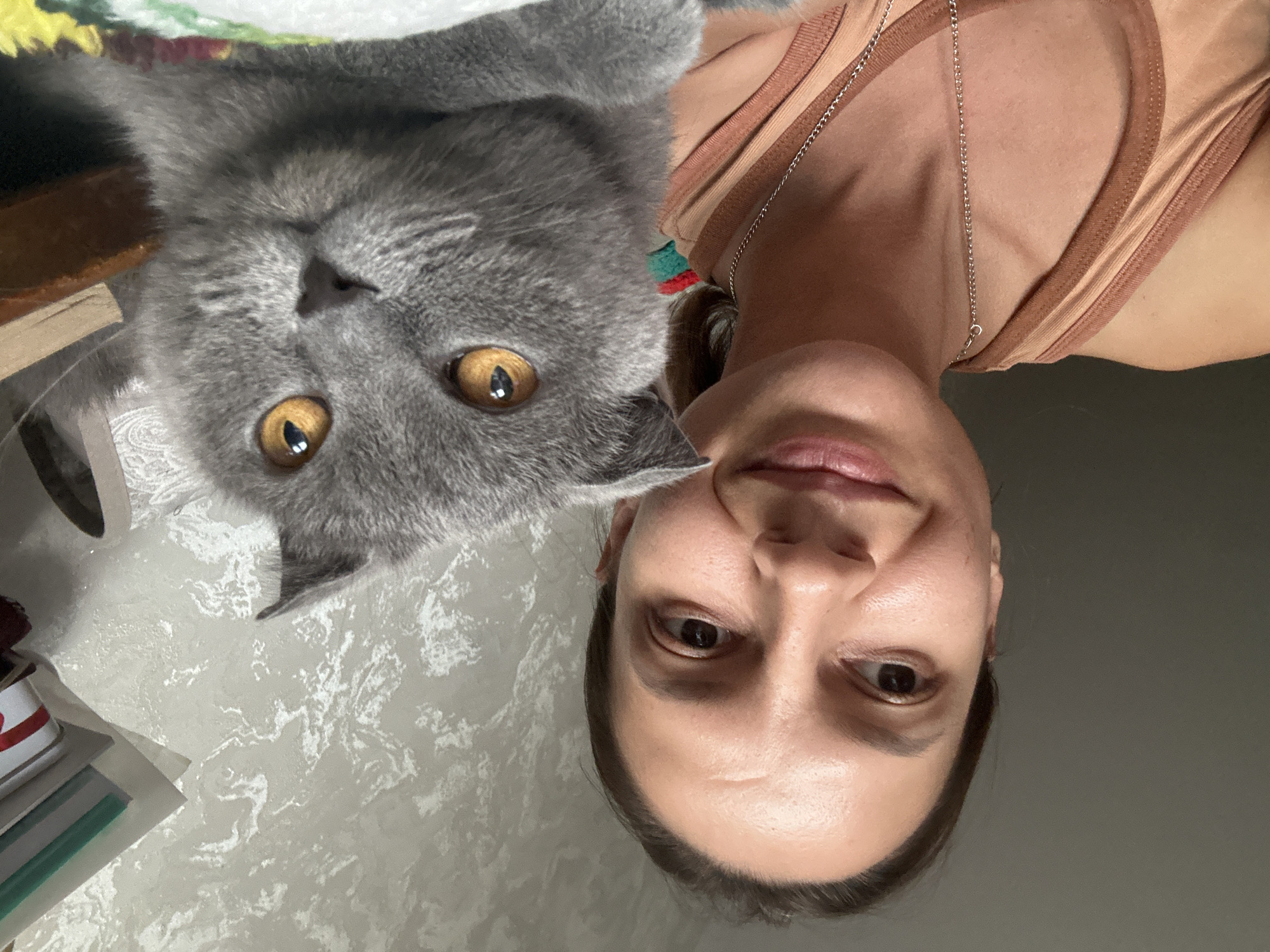 A woman and a grey cat pose for a selfie in an indoor setting, likely a home in Khimki, Russia. The woman is in the foreground on the left, wearing a peach-colored tank top with a silver chain necklace. She is looking to her left with a slight smile. The cat, a Scottish Fold, is positioned to her right, filling a significant portion of the frame. It has large, round, amber eyes and is looking directly at the camera. The background consists of a textured, light-colored wall, and a shelf with some items is visible in the upper right corner. The lighting suggests it's daytime, possibly near a window.