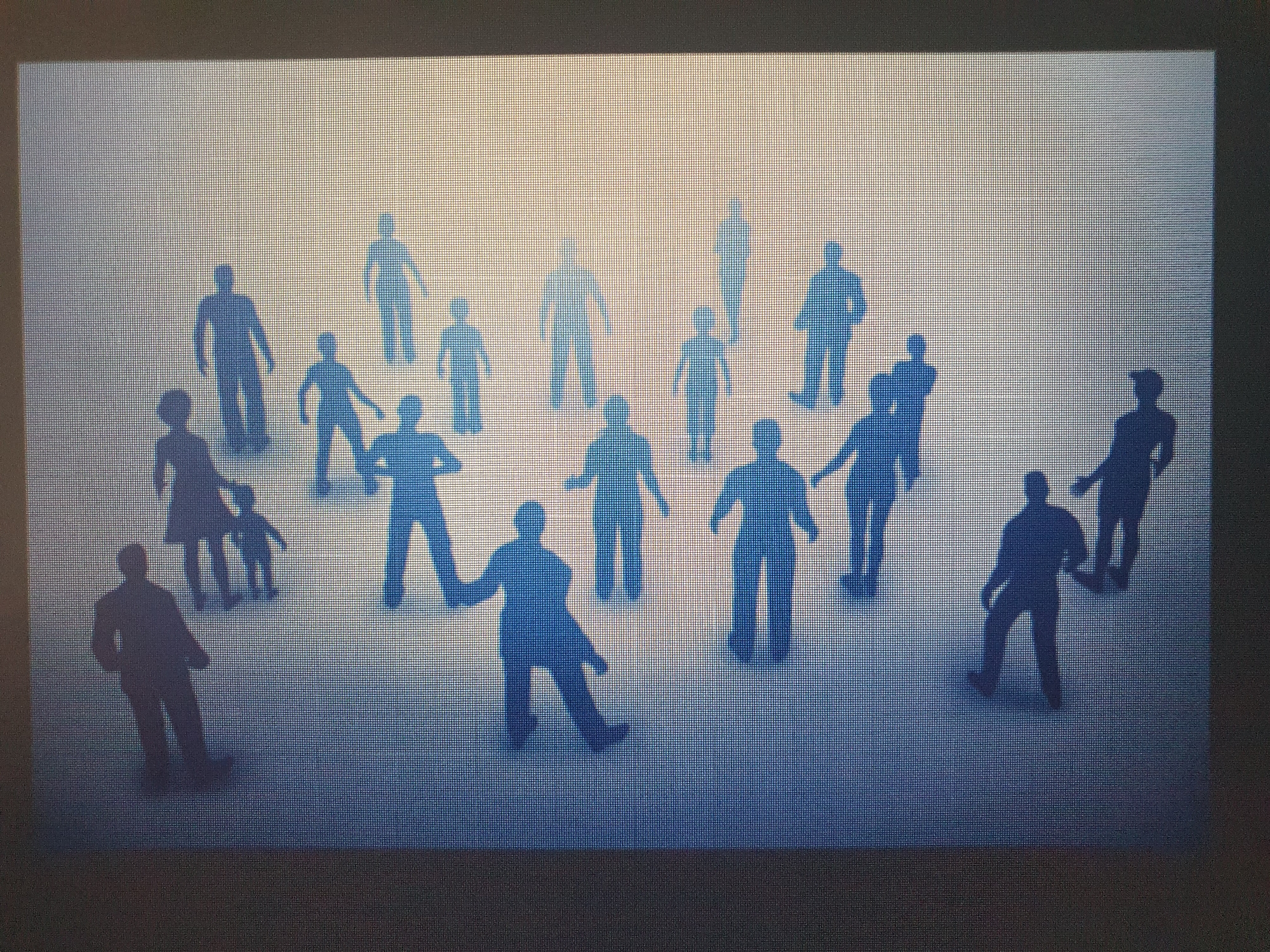 The image displays a digital rendering of numerous silhouetted human figures, some appearing as adults and at least one as a child. The figures are depicted in various poses, suggesting movement or a static arrangement. The background is a gradient of light to dark blue, with a grid-like texture indicative of a screen display. There are no discernible elements that would place this scene in a specific city, such as Tashkent, Uzbekistan, or any other urban environment. The scene is abstract and lacks any identifiable landmarks or contextual clues.