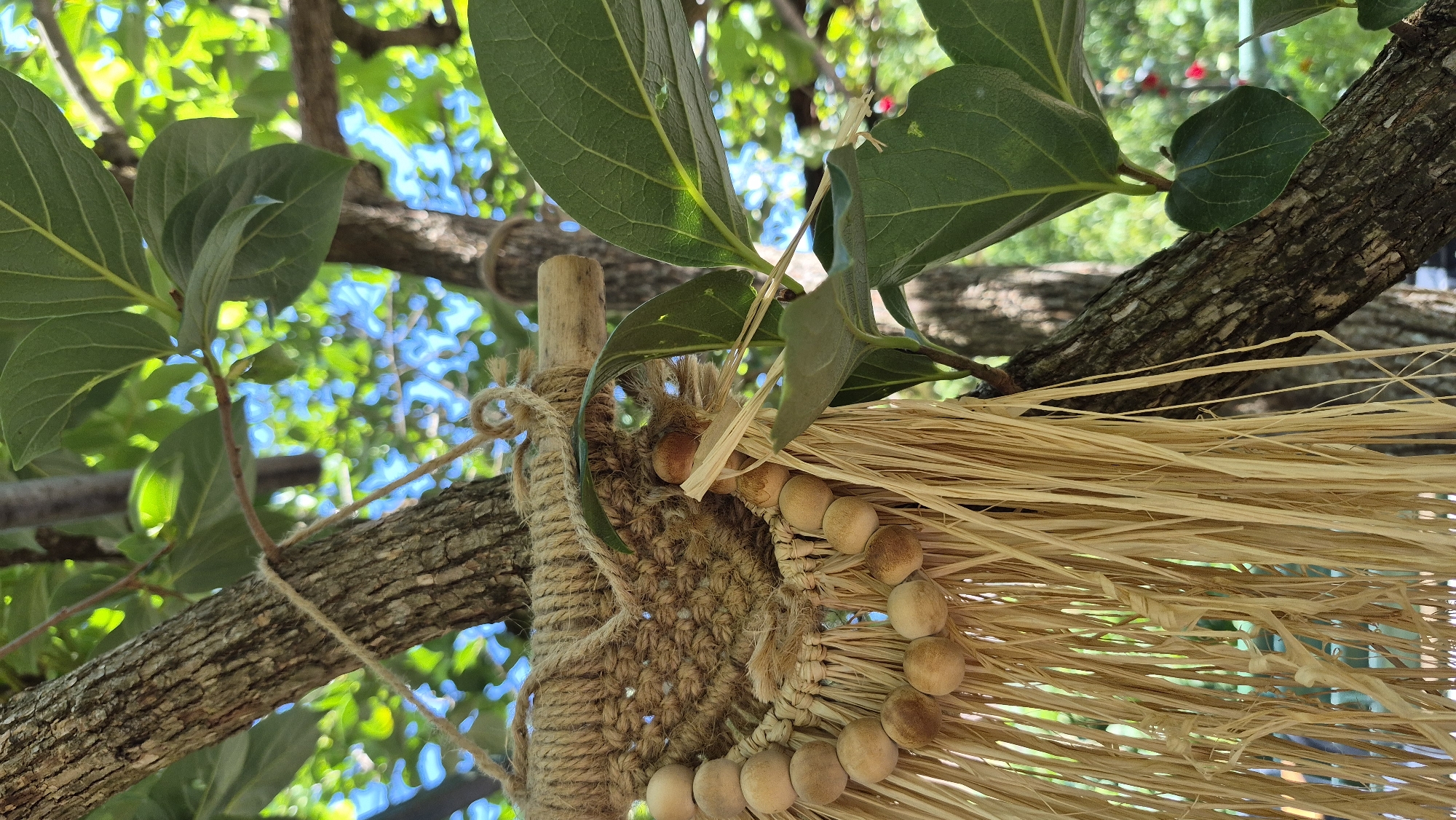A close-up shot captures a portion of a macrame wall hanging suspended from a tree branch. The hanging features a woven top section made of jute twine, from which hangs a fringe of straw-like material. Wooden beads are incorporated into the design, strung along a twine that forms a curved border. The hanging is tied to a thin, horizontal wooden dowel, which is itself secured to a thicker tree branch with more jute twine. The background is a blur of green leaves and blue sky, suggesting an outdoor setting, likely in a park or garden. The tree trunk is textured and rough, with a visible pattern of bark. The lighting suggests a bright, sunny day. The scene is devoid of human presence.