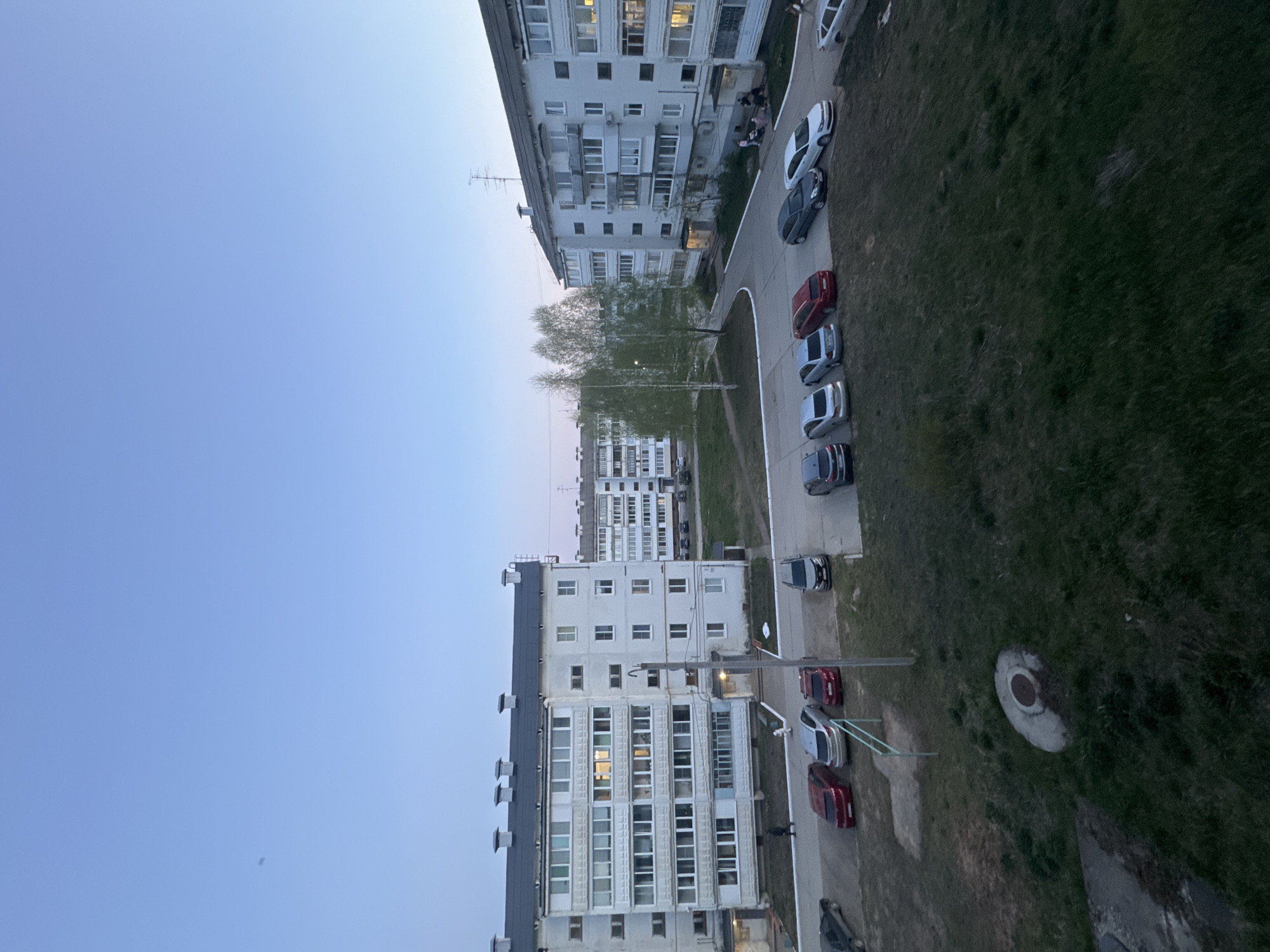 The image depicts a residential area in Noviy, Russia, at dusk. Several multi-story apartment buildings are visible, constructed in a utilitarian, repetitive style. A paved road curves between the buildings, with cars parked along its edge. Grass and patches of vegetation are interspersed between the buildings and the road. The sky is a clear, pale blue. No people are clearly visible in the image. The scene is static and uneventful.