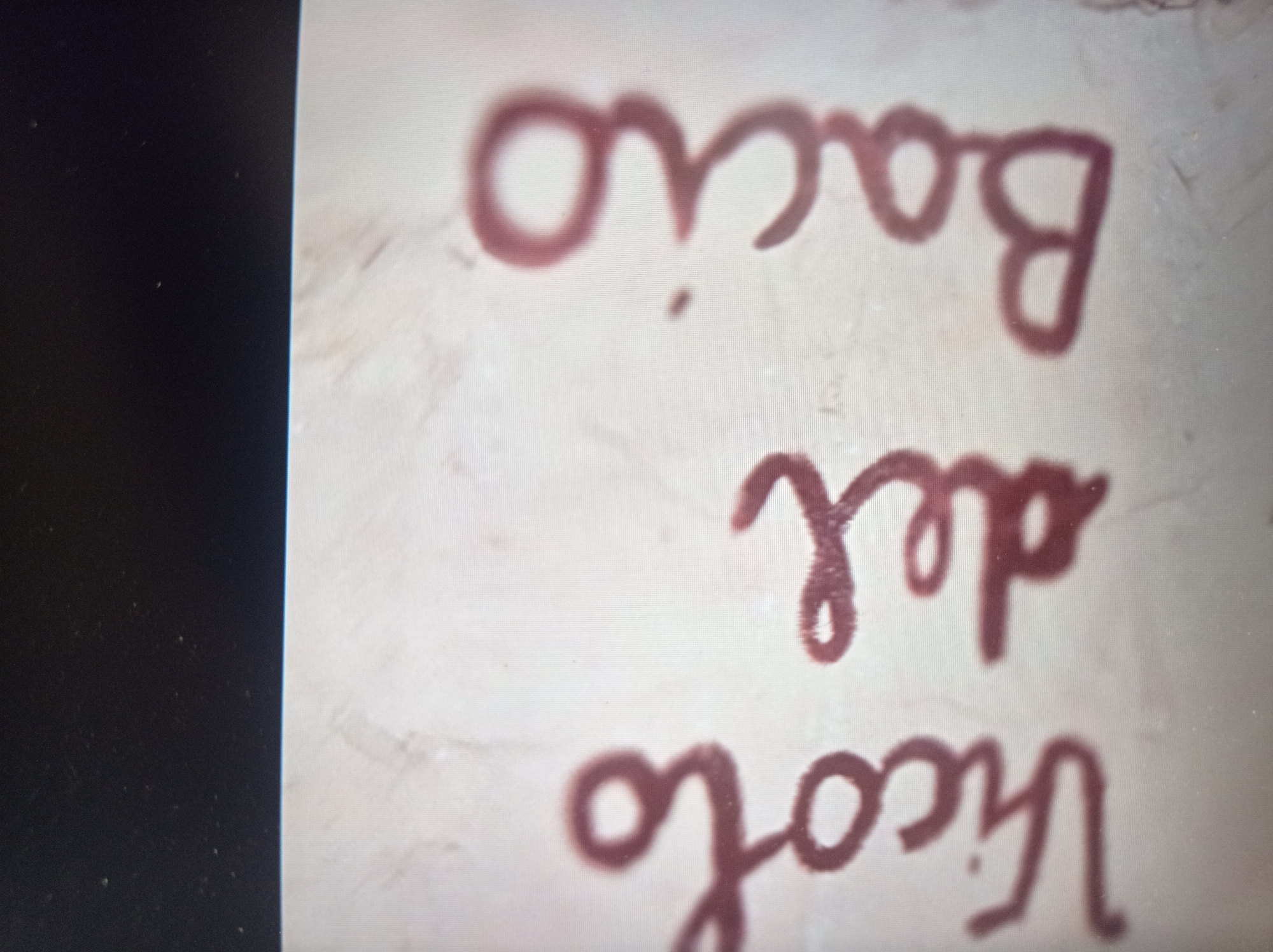 The image shows three lines of text written in what appears to be dark red paint on a light-colored, textured surface. The text is in a cursive font.
The first line reads "Vico".
The second line reads "del".
The third line reads "Bacio".
There are no people, animals, or other objects visible in the image. The background is a plain, light-colored surface with some subtle variations in tone and texture, possibly a wall or a piece of paper. A dark vertical band is present on the right side of the image.
The provided image does not contain any information that would allow for its location to be identified within the city of Mukachevo, Ukraine, or any other specific geographic location.
