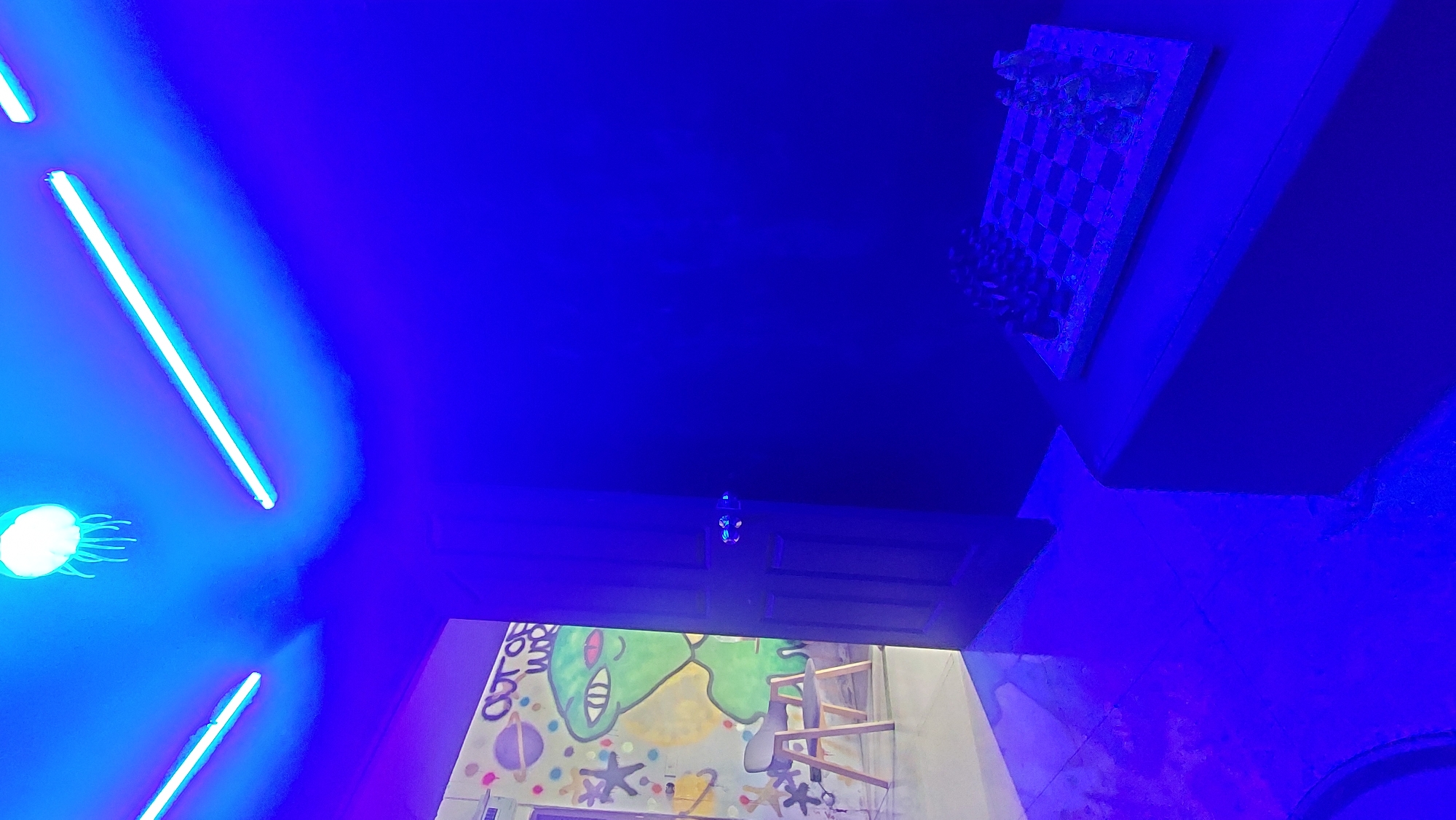 The image displays an upward-angled view of an indoor space illuminated by intense blue light, creating a vibrant and surreal atmosphere. On the left side, several bright blue fluorescent light tubes extend diagonally, casting a strong glow. A luminous, jellyfish-like decoration with white tentacles is also visible in the lower-left corner, glowing brightly.
Towards the upper right, a chessboard with chess pieces is mounted vertically on a wall, its checkered pattern discernible despite the pervasive blue light. Below this, centrally located and appearing overhead from the viewer's perspective, is a dark-colored door with recessed panels. Beneath the door, a colorful mural covers a wall, featuring a large green cartoon-like creature with prominent red eyes and a wide mouth. The mural also incorporates stars, a planet design, and what appears to be upside-down text, possibly "HOLO," near the top right of the painted area. Adjacent to the mural on the right, some light-colored wooden structures, possibly shelves or part of an abstract installation, are visible.
The scene is devoid of people. The dominant artificial blue lighting provides a futuristic and artistic ambiance, making it impossible to determine the time of day. This striking visual environment suggests a creative art installation or a uniquely themed venue, consistent with a modern establishment in Baan Bo Phut, Thailand.