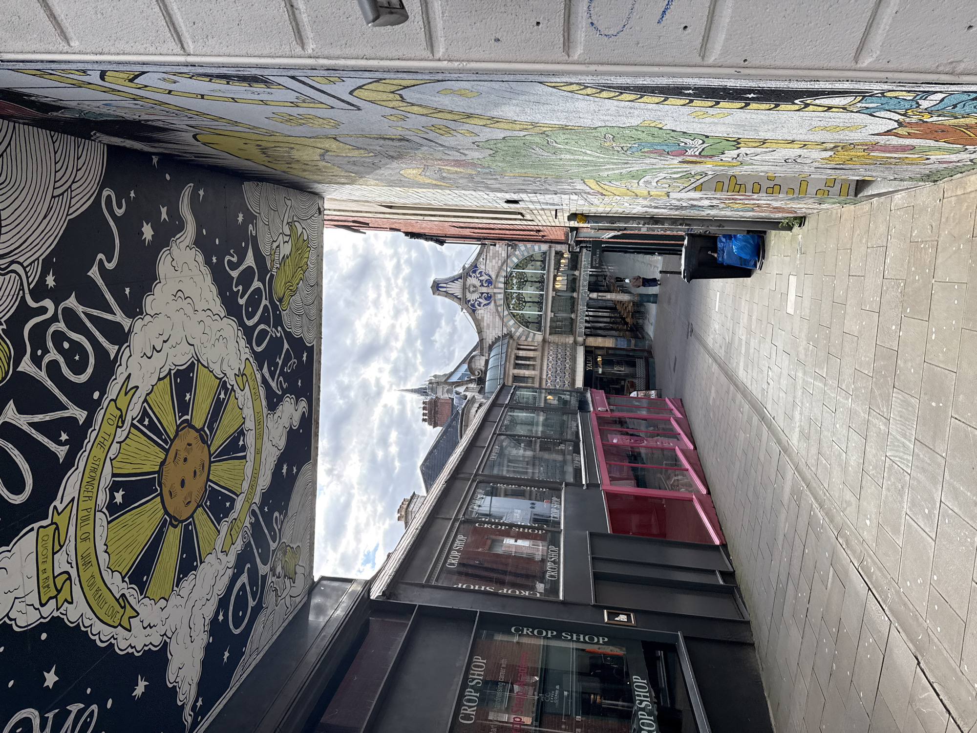 This image presents a perspective view down a narrow alleyway in Norwich, United Kingdom. The shot is taken at street level, angled upward, with the walls of buildings on either side converging toward a more distant structure under a cloudy sky.
On the left, a striking black wall mural features a stylized depiction of a celestial object surrounded by cloud-like forms and text including a quote by Rumi. The mural is bordered by a white wall or ceiling structure above.
The right side of the alleyway is lined with a row of shops; each one has the words "Crop Shop" on the storefront in bold white letters. Some of the shops are painted black, while others have a dark red trim. The ground is paved with gray stone blocks.
In the distance, the buildings are topped with decorative architectural details and glass elements, suggesting a historic commercial area. The sky is overcast, casting a diffused light over the scene. The alleyway appears to be free of people.