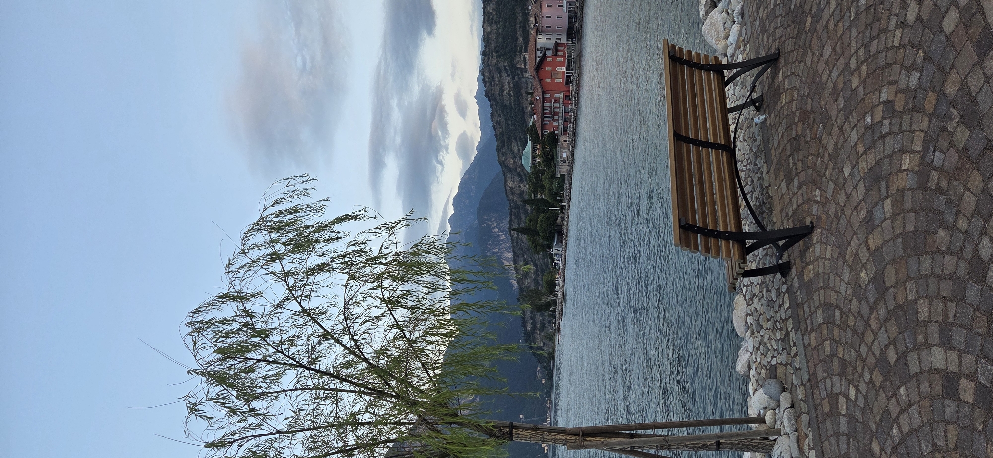 This image depicts a serene lakeside scene in Torbole, Italy. In the foreground, a wooden park bench with a metal frame sits on a cobblestone pathway. To the left of the bench, a young tree with drooping branches is planted next to a shoreline composed of small white and gray stones. Beyond the bench and shoreline lies a wide expanse of calm, blue water, reflecting the overcast sky. In the middle ground, a picturesque town lines the opposite shore, characterized by buildings with red, pink, and white facades. Further in the background, a range of imposing, tree-covered mountains rises, their peaks softened by a hazy sky. The overall atmosphere is tranquil, suggestive of late afternoon or early evening. No people are visible in the frame.