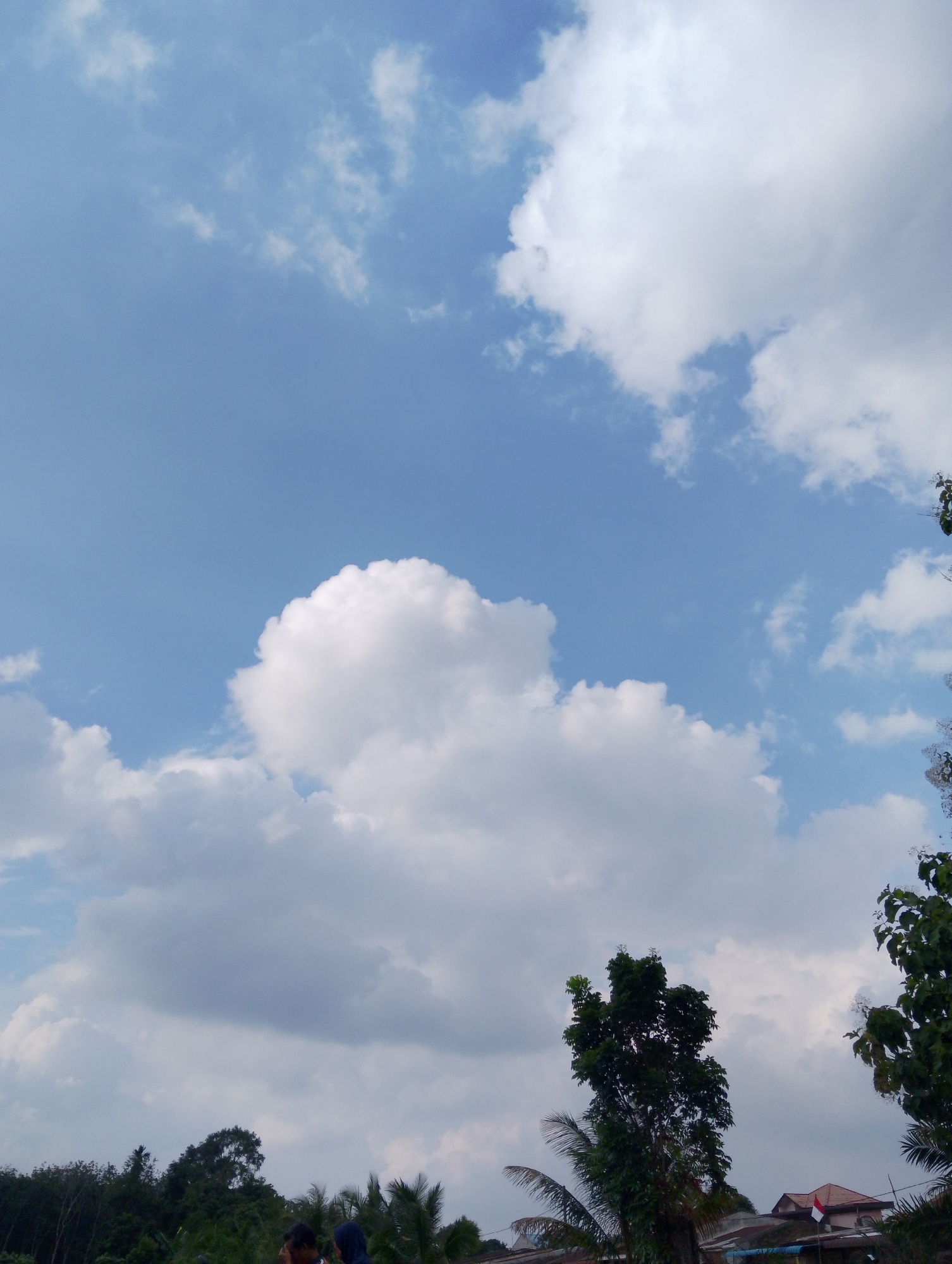 The image depicts a cloudy sky over a landscape in Serbelawan, Indonesia. In the foreground, silhouetted against the sky and a dense line of trees, are two individuals partially visible. One person, wearing a blue headscarf, appears to be looking down, while the other individual's head is tilted, suggesting a moment of conversation or reflection.
The trees in the midground are lush and green, with some palm fronds extending into the lower part of the frame. Behind the trees, rooftops of houses are visible, with one house featuring a red and white Indonesian flag flying from a pole. The sky is a mix of light blue and white, with large, fluffy cumulus clouds dominating the upper portion of the image. The overall scene suggests a typical day in a rural or semi-rural area of Indonesia.