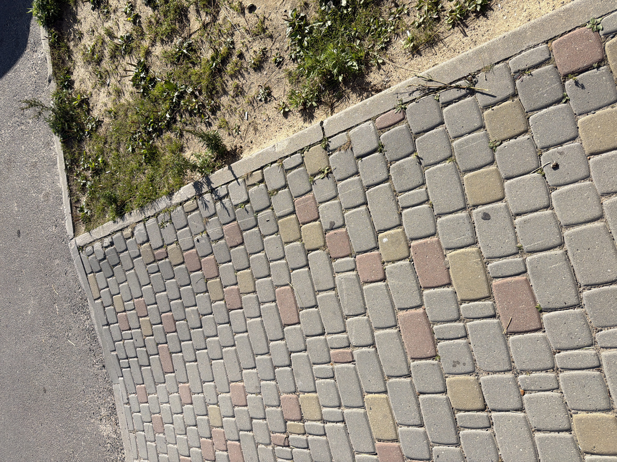 The image displays a section of a sidewalk and adjacent uncultivated ground. The sidewalk is paved with interlocking rectangular bricks in various shades of gray, pink, and yellow. A paved asphalt road runs along the top left of the image, meeting the sidewalk at a slight angle. To the right of the sidewalk, there is a patch of dry, sandy soil with sparse green vegetation and weeds. The scene is illuminated by natural daylight, casting shadows on the paving stones and vegetation. The location is identified as Okha, Russia. There are no people or specific actions depicted in the image.