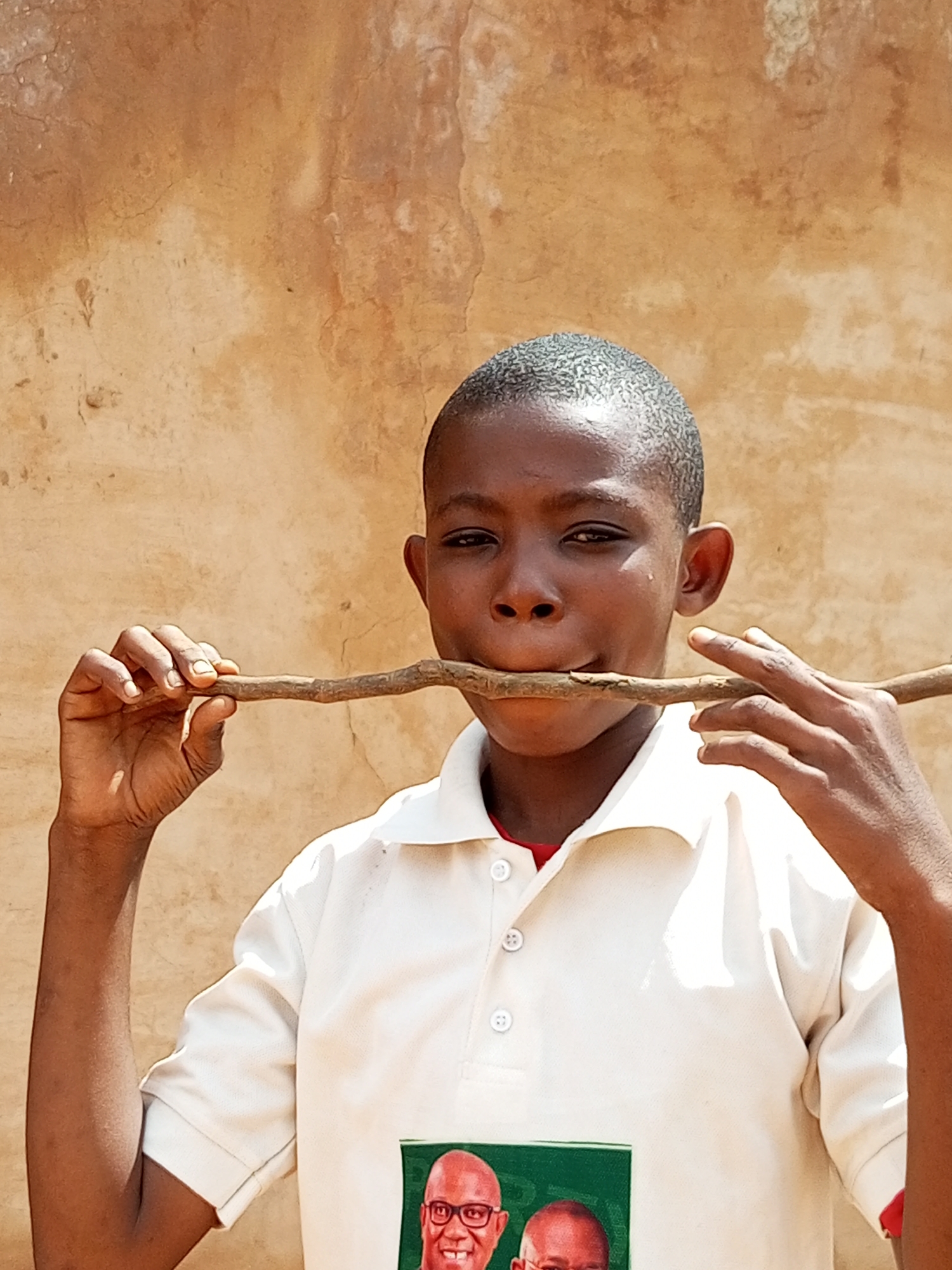 A young boy is holding a thin, dry stick horizontally to his mouth as if playing a flute. He is wearing a white polo shirt with a red collar and two buttons. On the front of his shirt, there is a green rectangular image with two men's faces. He is positioned in front of a textured, light brown wall. The setting appears to be outdoors, possibly in Tempure, Nigeria, given the architecture and lighting. The boy has dark skin, short dark hair, and is looking directly at the camera.