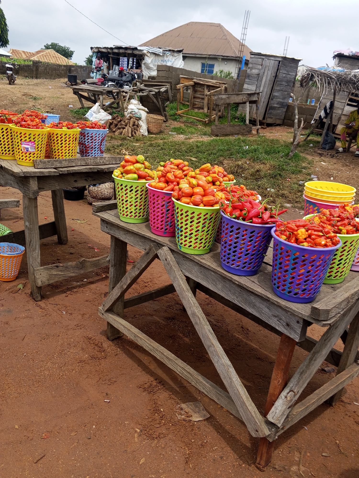 The image depicts an outdoor market scene in Oduape, Nigeria. The foreground is dominated by wooden tables laden with baskets of fresh produce. Several large yellow and blue plastic baskets are filled with red chili peppers and tomatoes. Smaller colorful baskets, green, pink, and purple, also contain red chili peppers and some tomatoes. Behind the tables, a rustic stall structure is visible, constructed from wood and corrugated metal, with some goods displayed on shelves. A motorcycle is parked near the stall. In the background, more informal structures, including what appears to be a rudimentary outhouse, are present. The ground is a reddish-brown dirt. The overall impression is of a busy, informal local market.